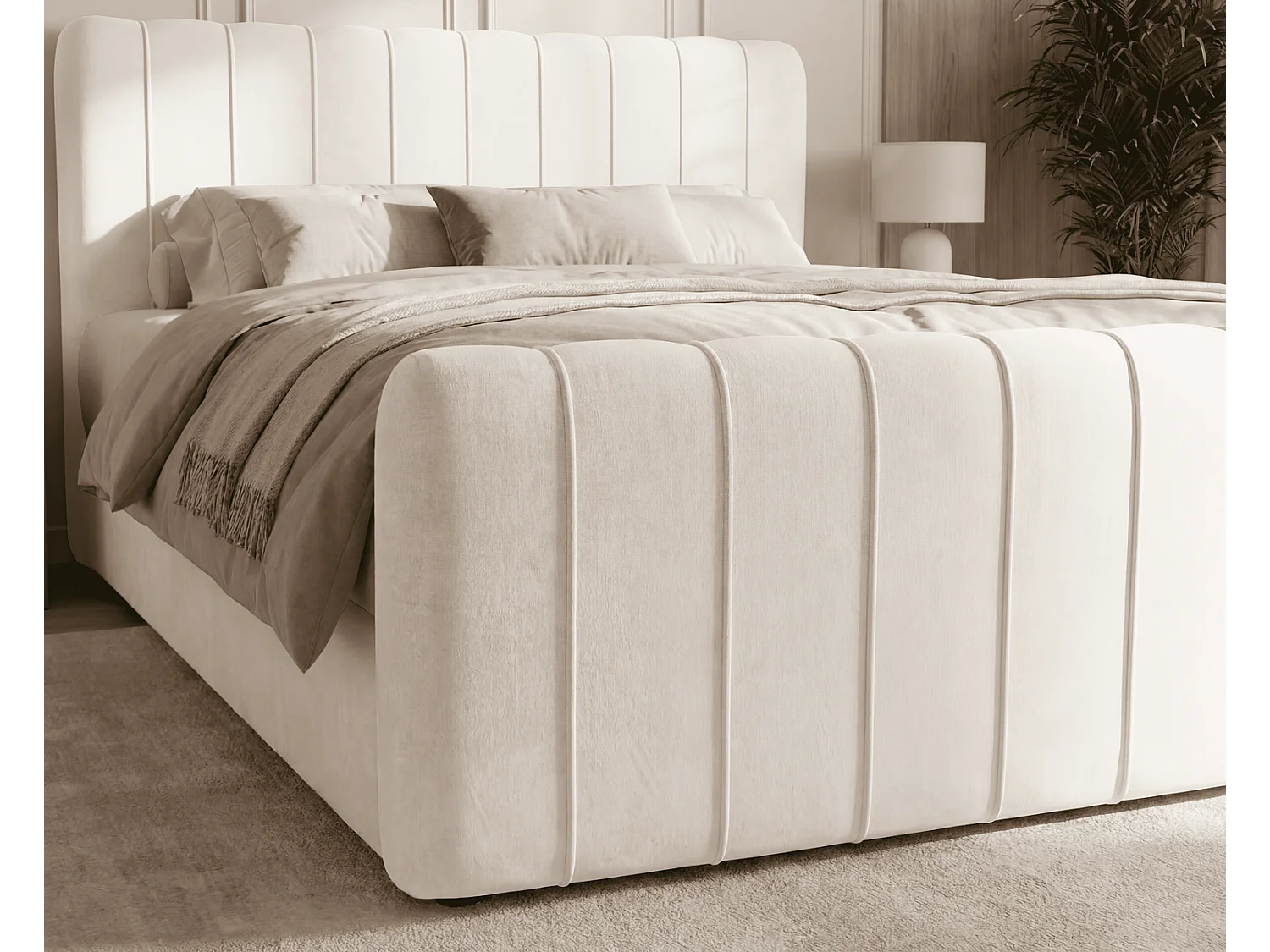 Lit double 160x200 Porto Bis avec matelas et coffre de rangement - lit continental moderne, Crème