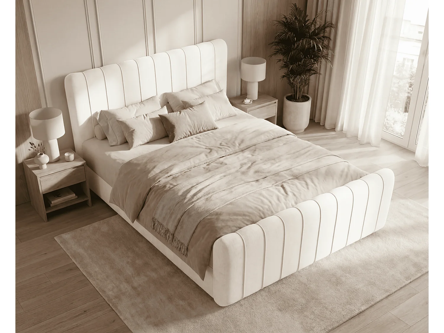 Lit double 160x200 Porto Bis avec matelas et coffre de rangement - lit continental moderne, Crème