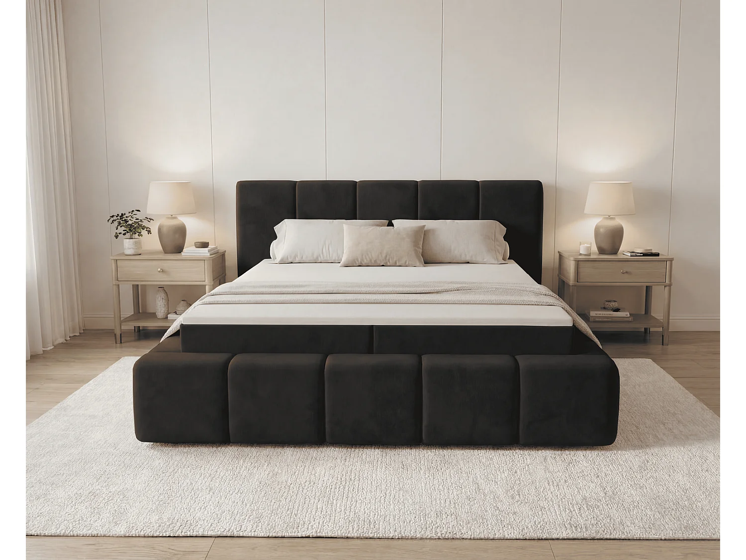 Lit double 140x200 Calisto, moderne avec rangement, matelas H3 - noir