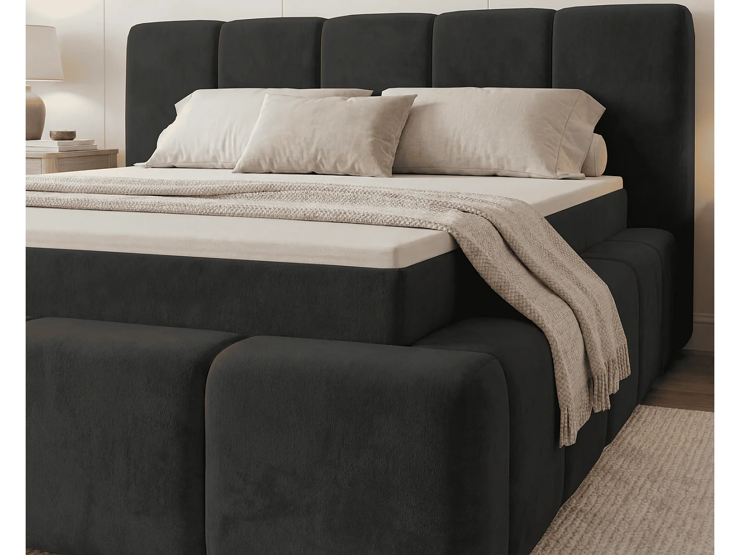 Lit double 140x200 Calisto, moderne avec rangement, matelas H3 - noir