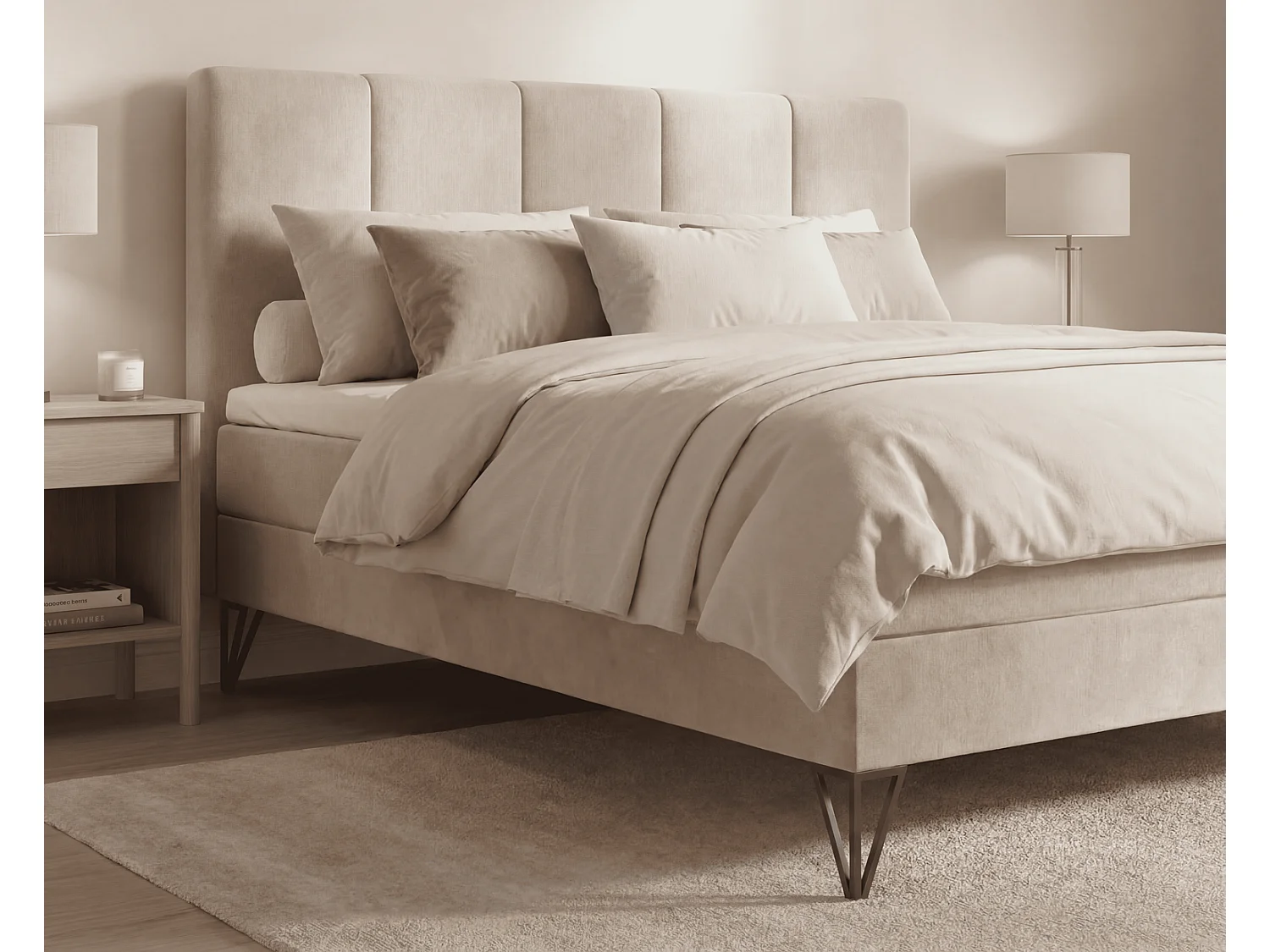 Lit boxspring 140x200 Riviera avec matelas H3 et surmatelas - lit double sur pieds, beige