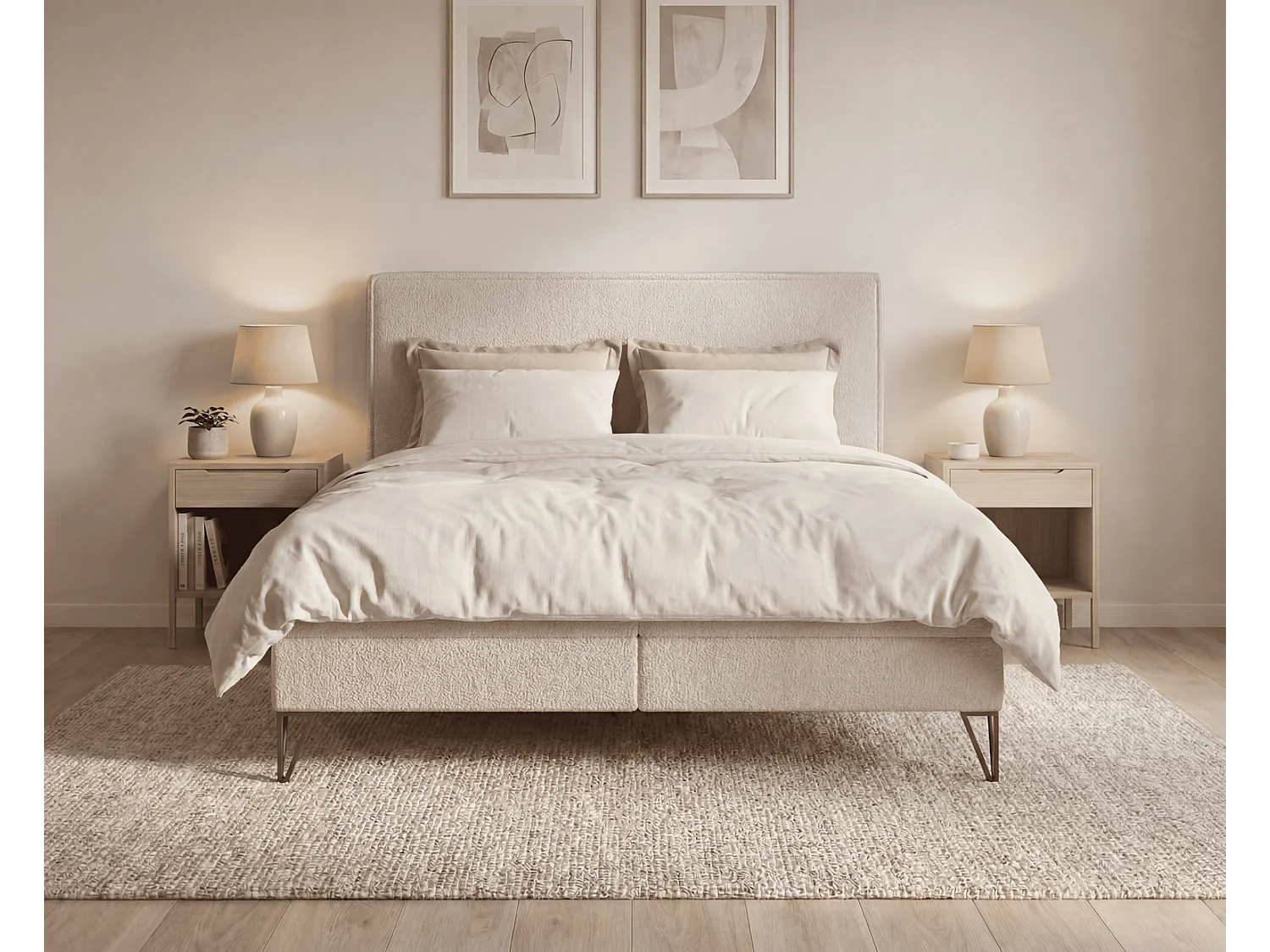 Lit continental bouclé 140x200 Sofia Box - matelas H3, coffre de rangement, surmatelas - Beige