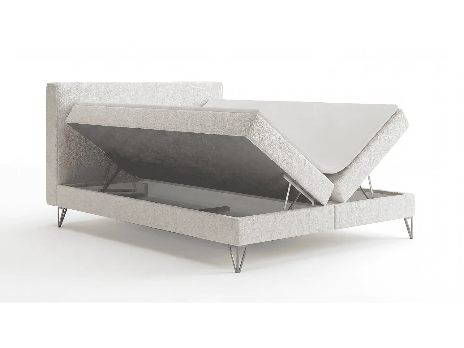Lit continental bouclé 140x200 Sofia Box - matelas H3, coffre de rangement, surmatelas - Beige