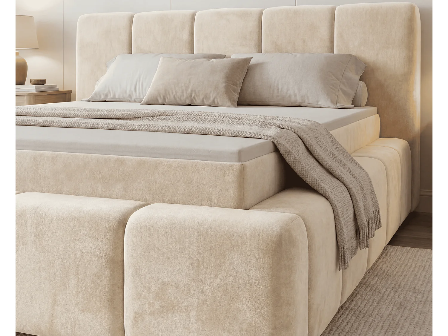Lit double 180x200 Calisto, moderne avec rangement, matelas H3 - beige