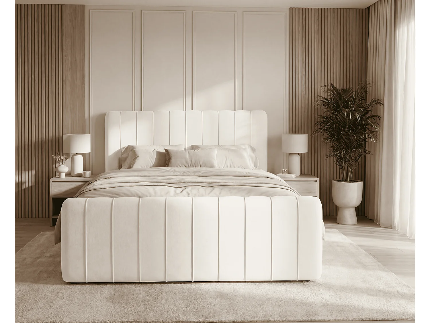 Lit double 180x200 Porto Bis avec matelas et coffre de rangement - lit continental moderne, Crème