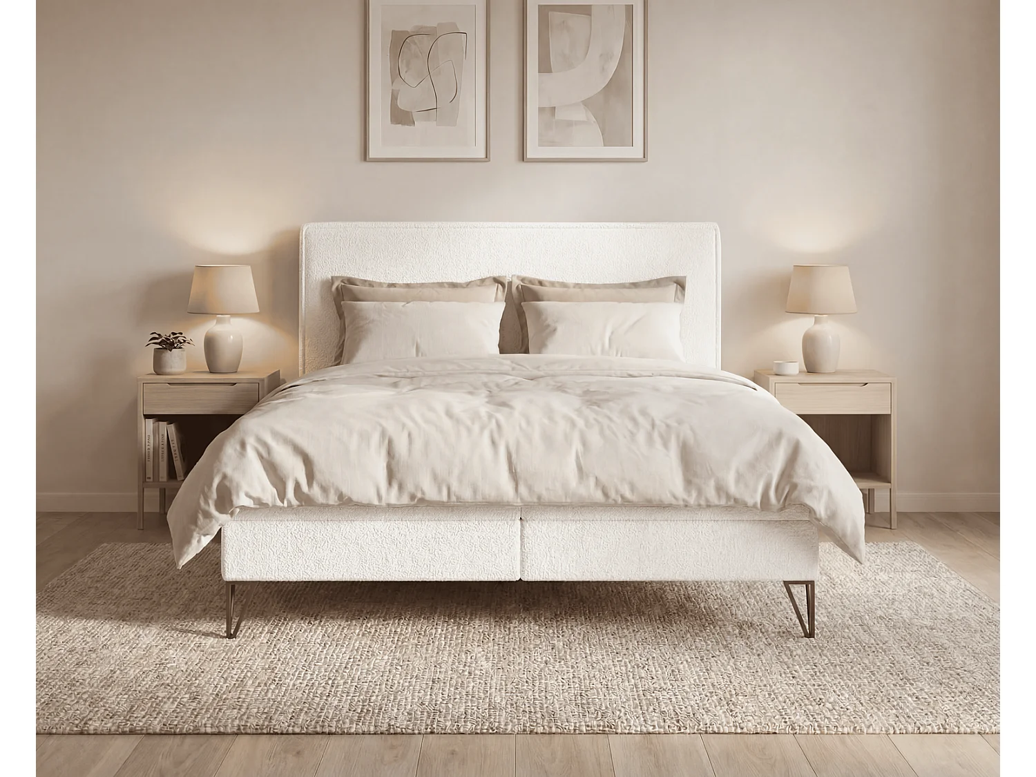 Lit continental bouclé 140x200 Sofia Box - matelas H3, coffre de rangement, surmatelas - Crème