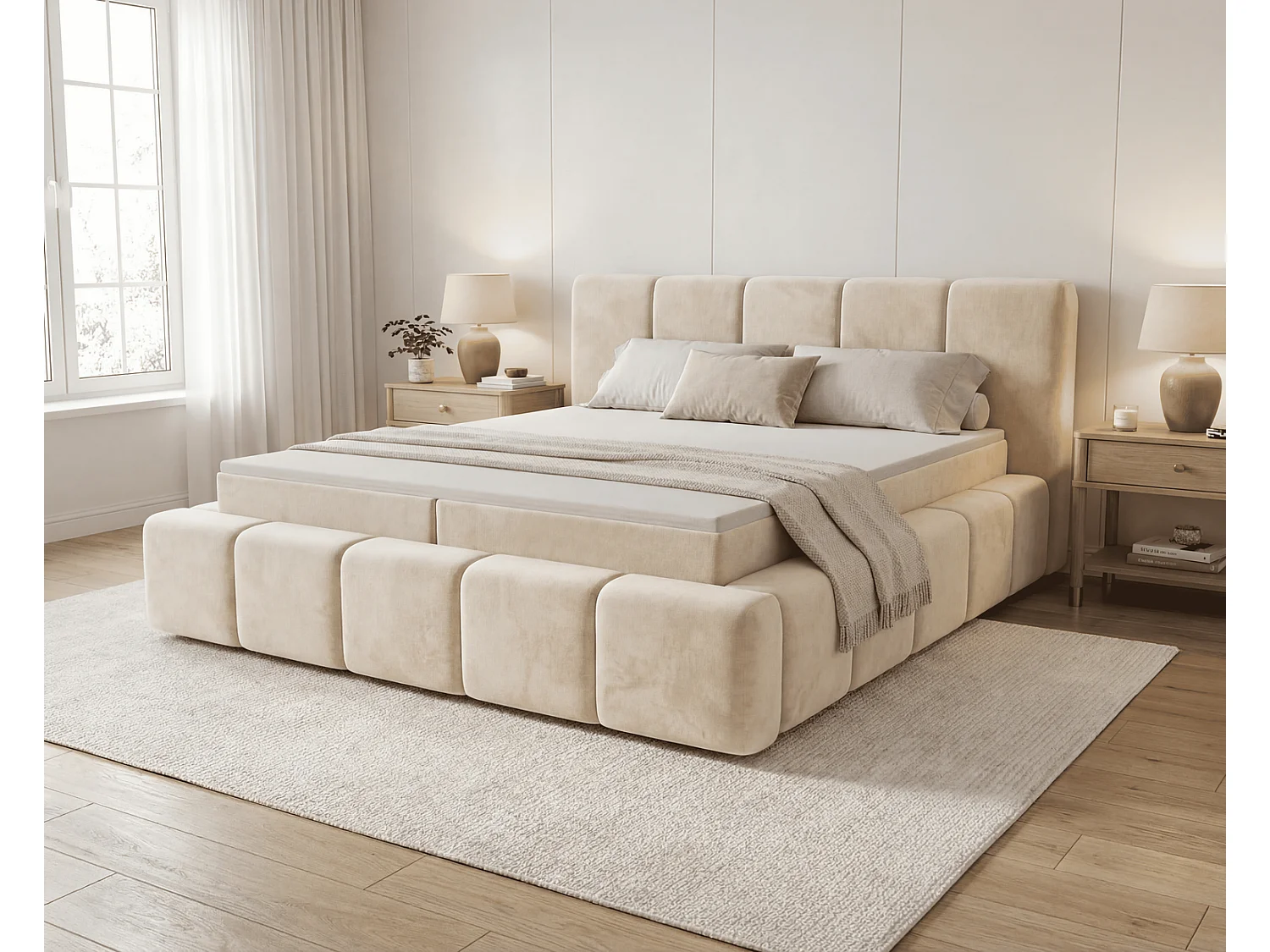 Lit double 160x200 Calisto, moderne avec rangement, matelas H3 - beige