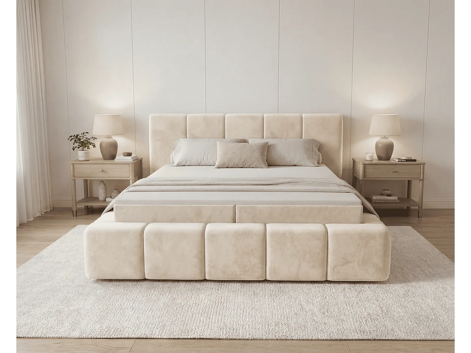 Lit double 160x200 Calisto, moderne avec rangement, matelas H3 - beige