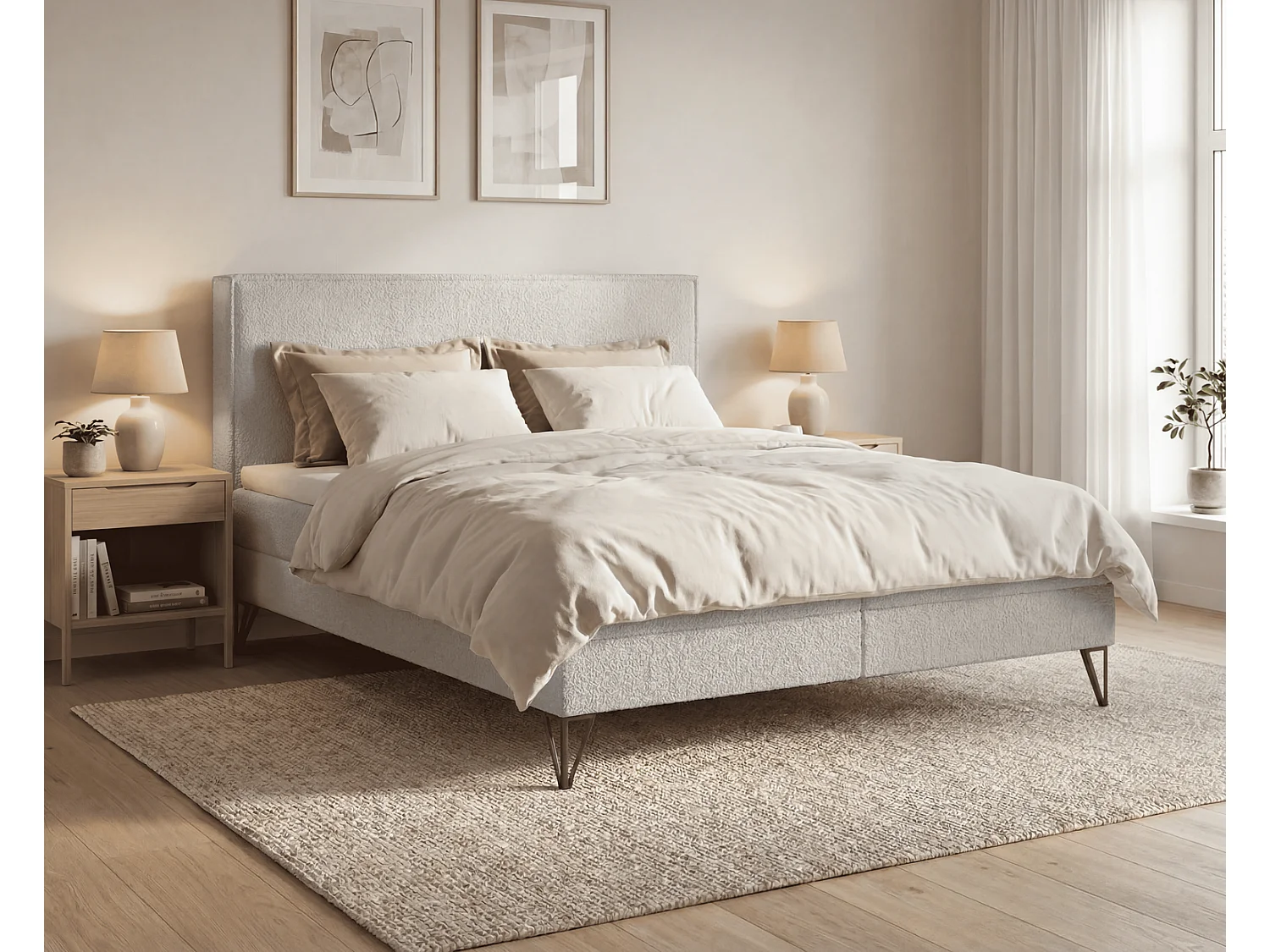 Lit continental bouclé 180x200 Sofia Box - matelas H3, coffre de rangement, surmatelas - Gris clair