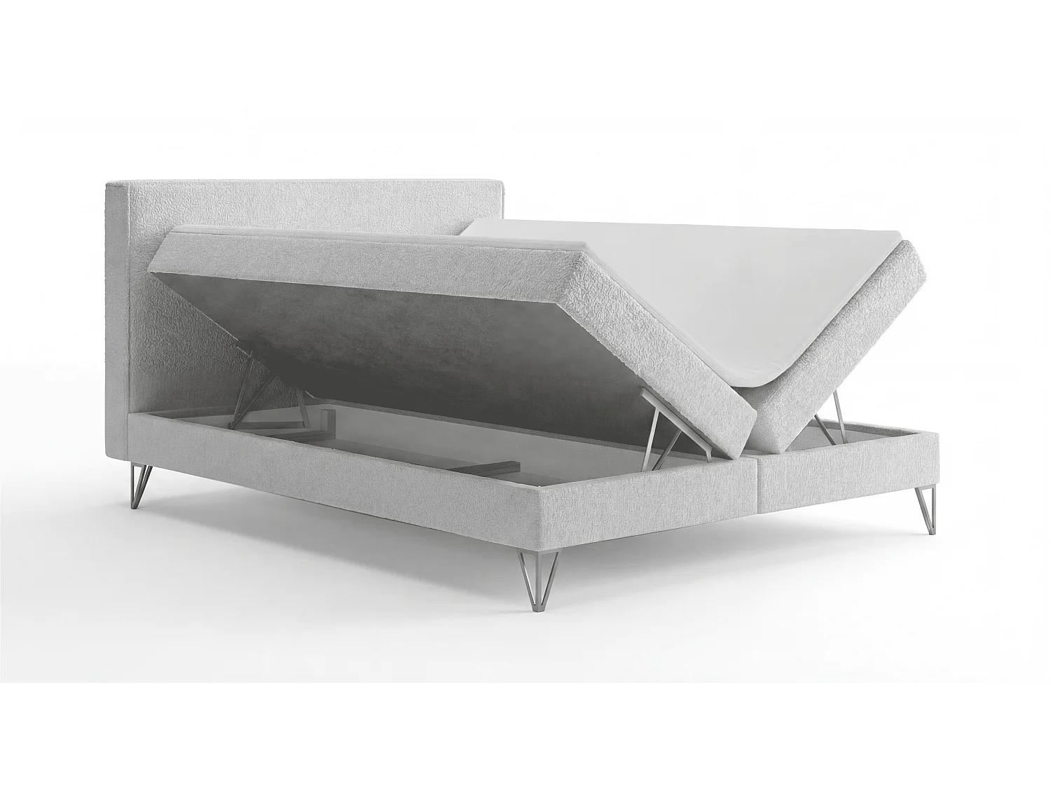 Lit continental bouclé 180x200 Sofia Box - matelas H3, coffre de rangement, surmatelas - Gris clair