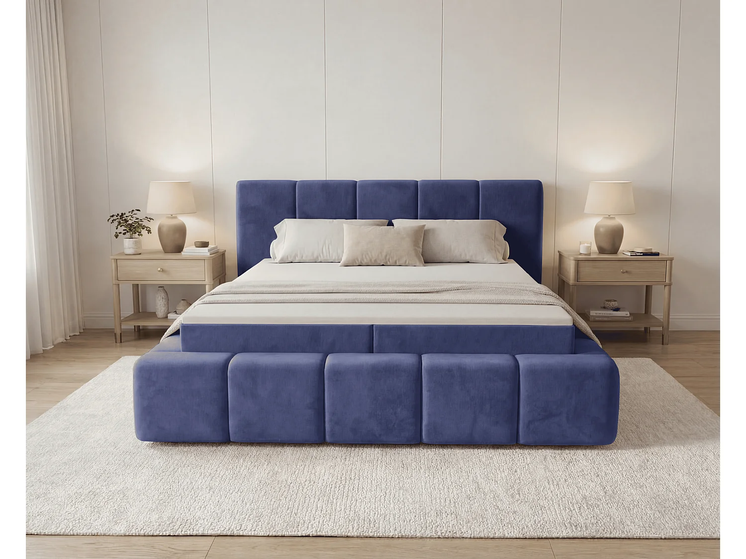 Lit double 160x200 Calisto, moderne avec rangement, matelas H3 - bleu