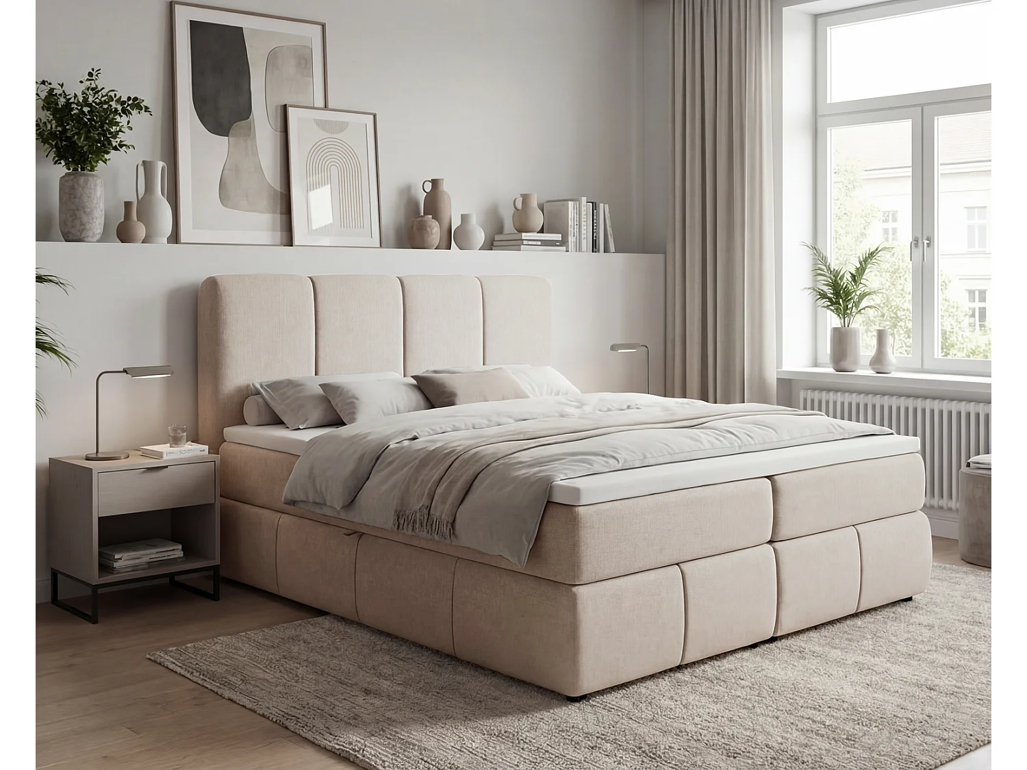 Lit boxspring 140x200 Sally avec rangement, matelas H3 et surmatelas - lit double, beige