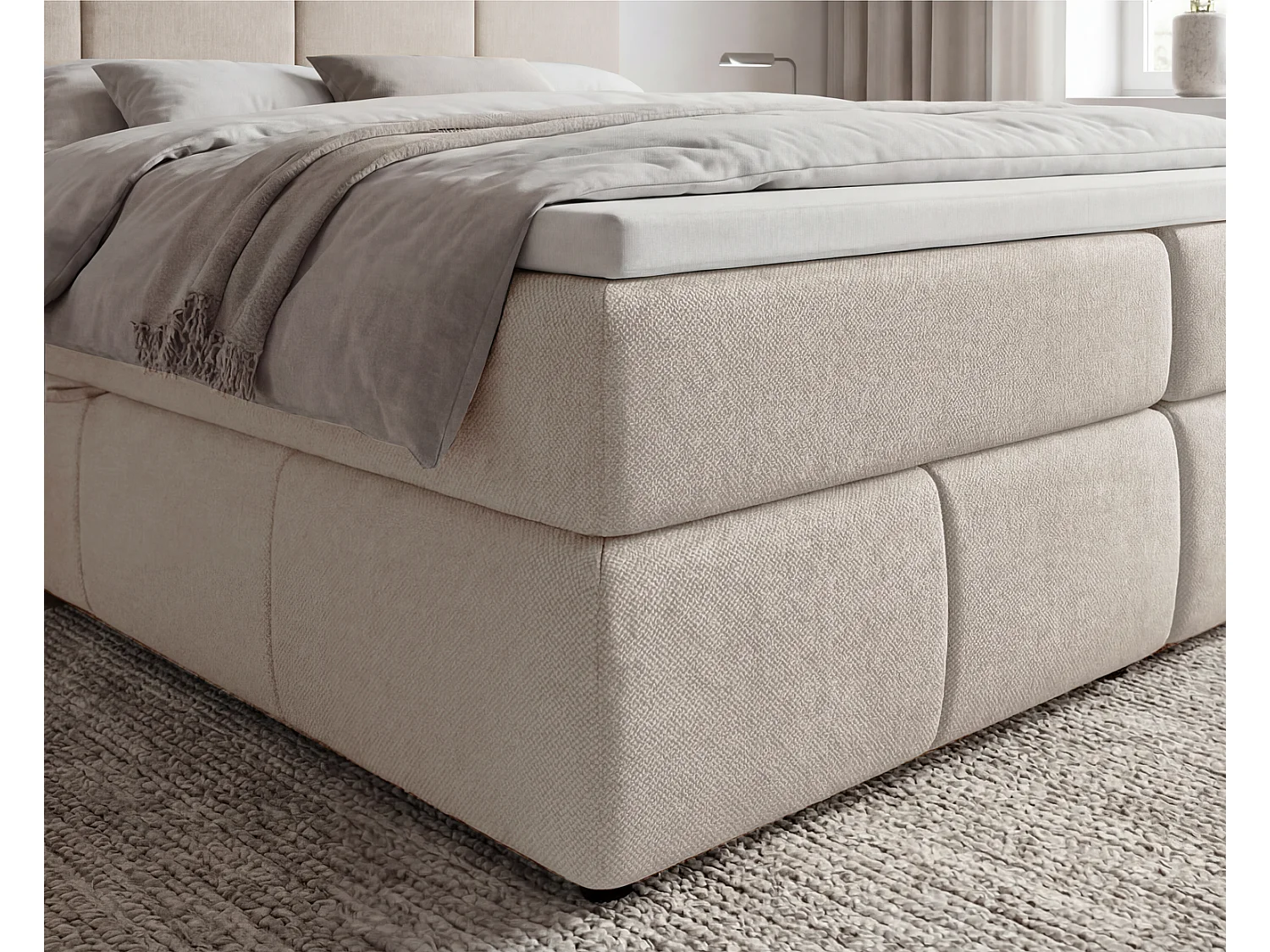 Lit boxspring 140x200 Sally avec rangement, matelas H3 et surmatelas - lit double, beige