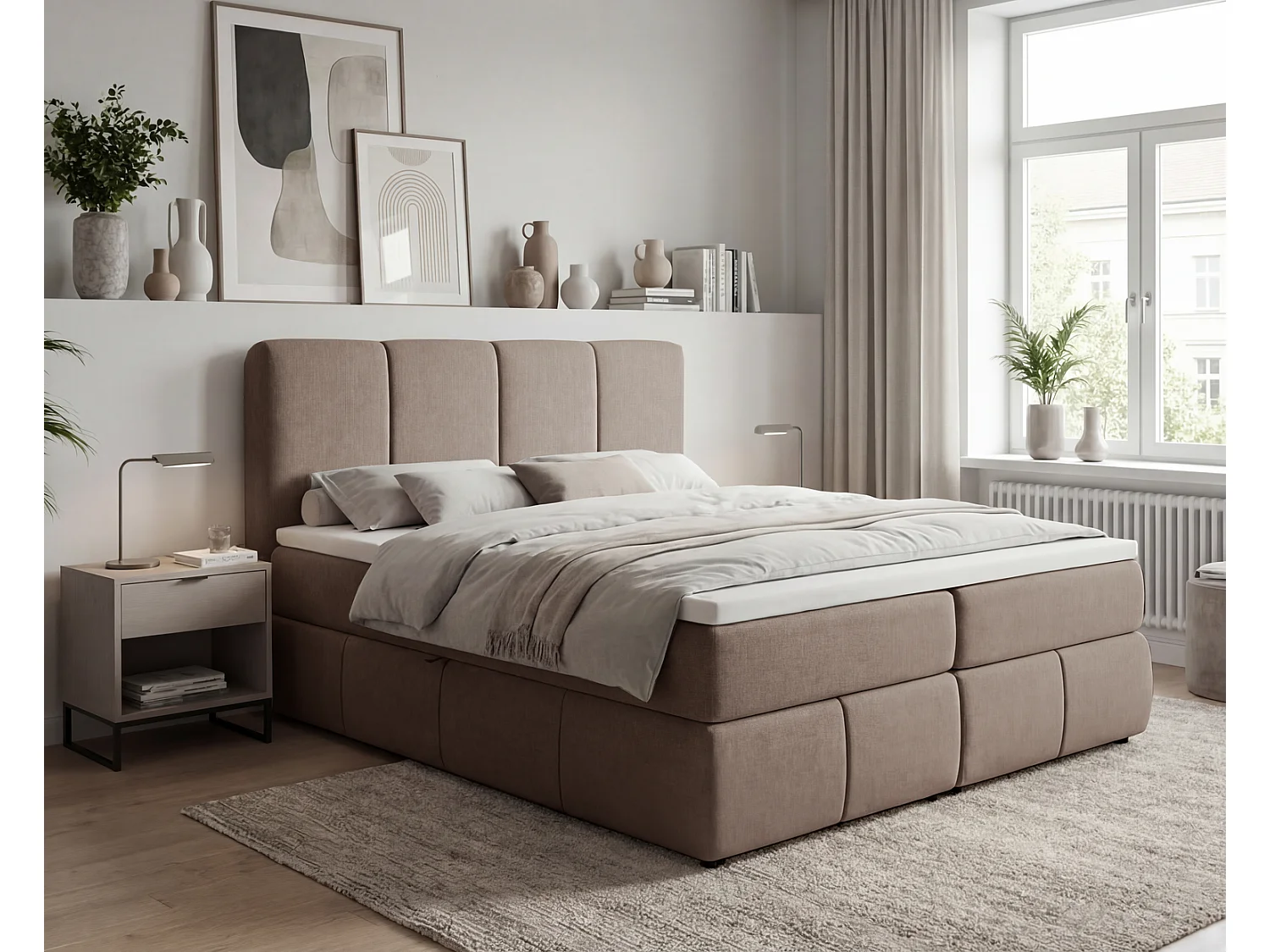 Lit boxspring 160x200 Sally avec rangement, matelas H3 et surmatelas - lit double, marron