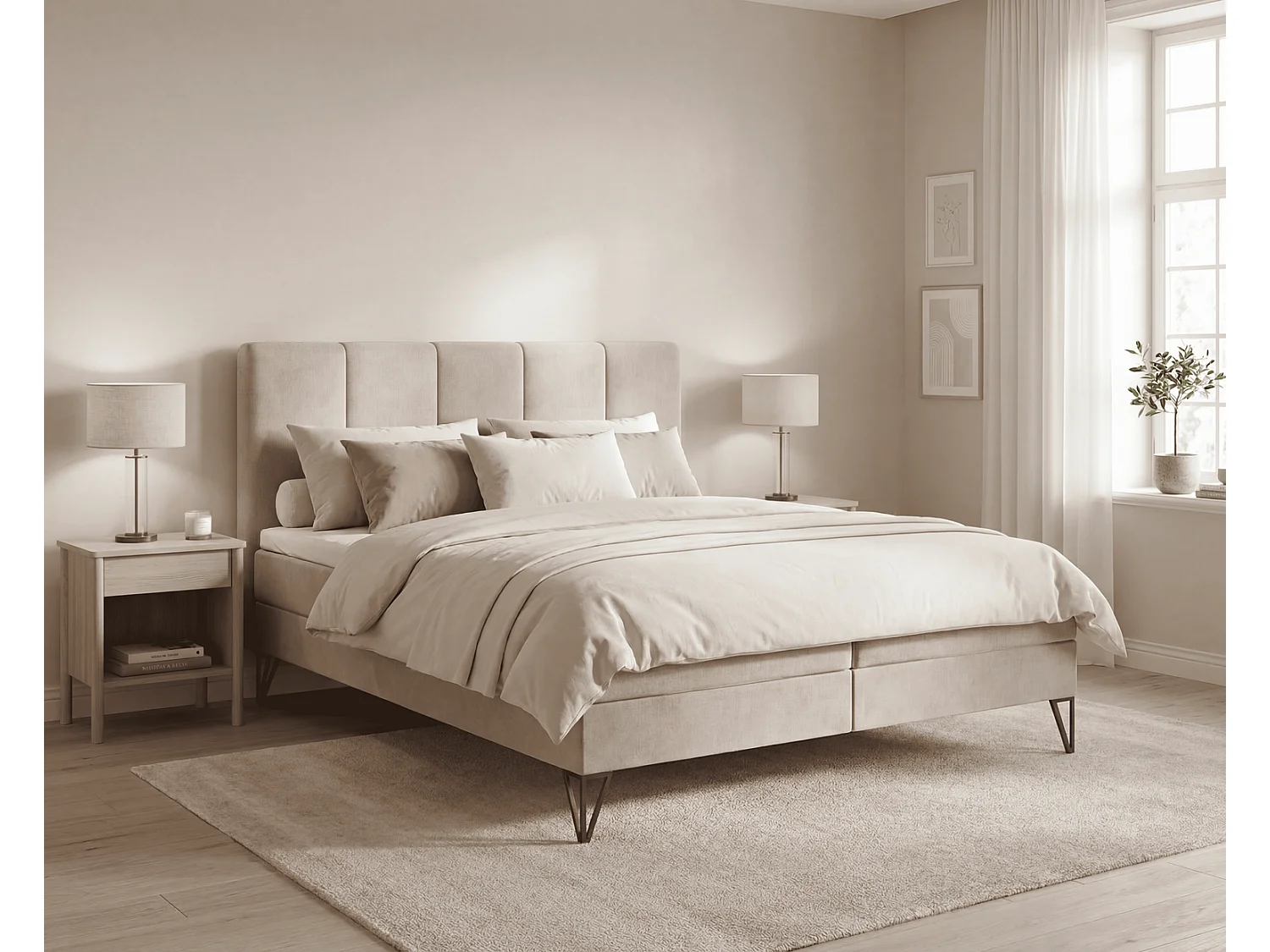 Lit boxspring 180x200 Riviera avec matelas H3 et surmatelas - lit double sur pieds, beige