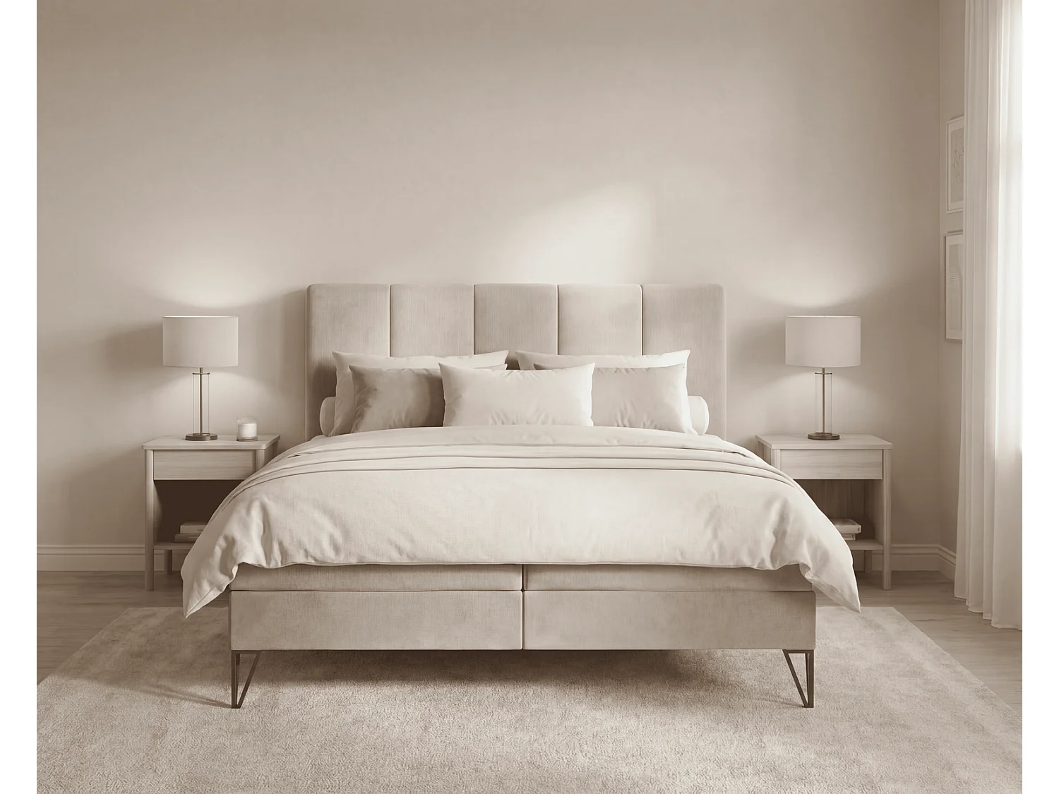 Lit boxspring 180x200 Riviera avec matelas H3 et surmatelas - lit double sur pieds, beige