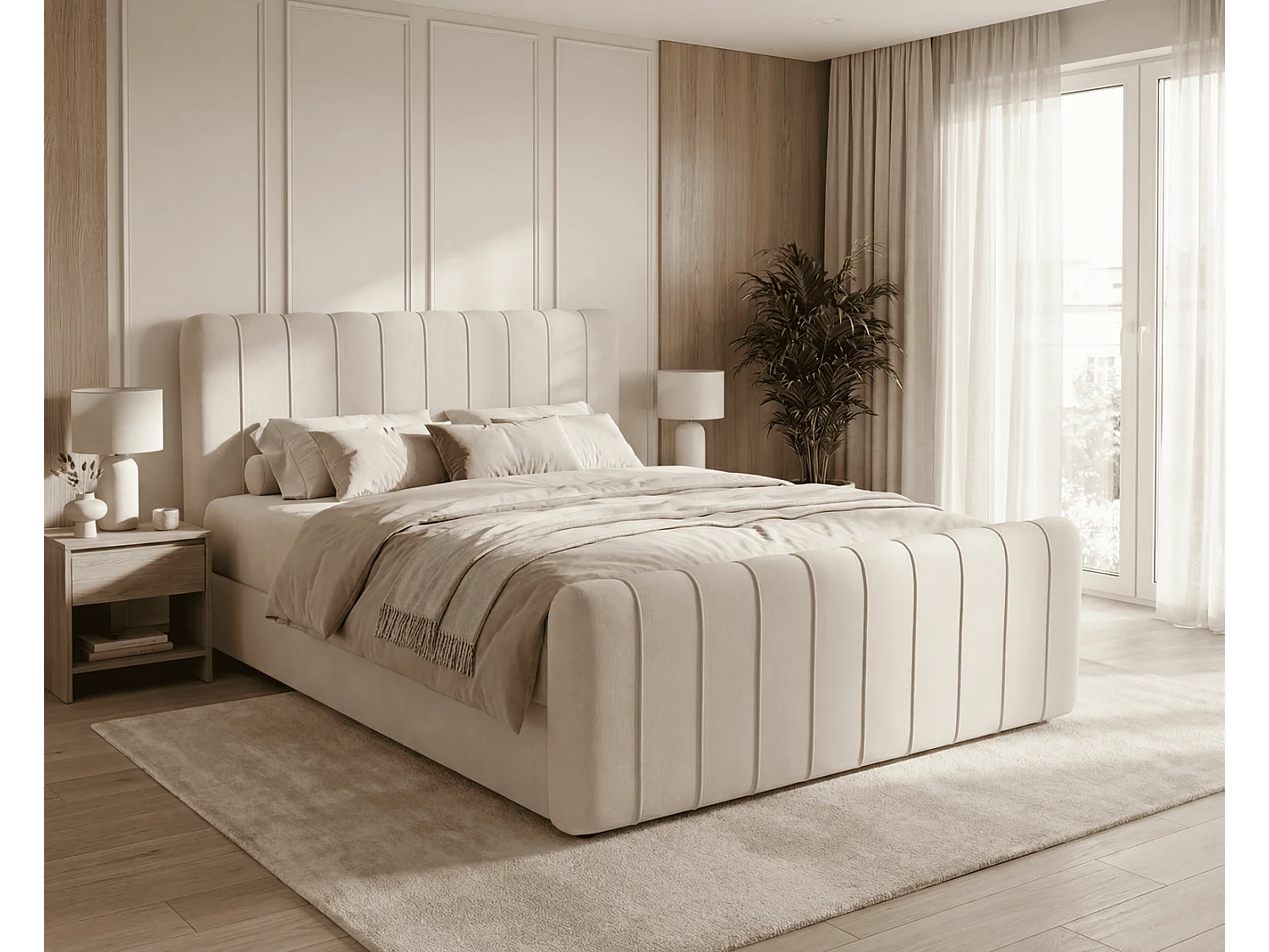 Lit double 180x200 Porto Bis avec matelas et coffre de rangement - lit continental moderne, Beige