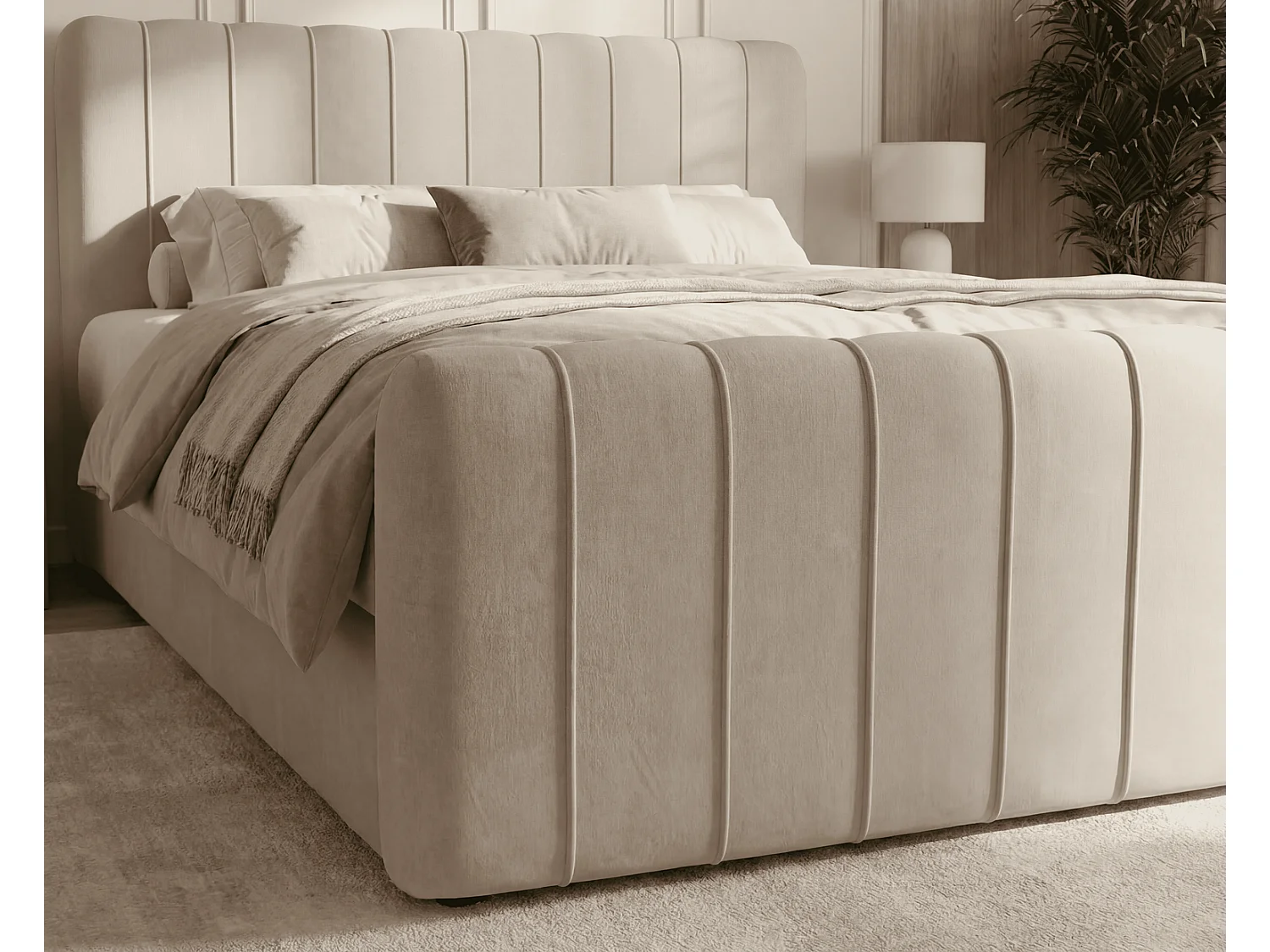Lit double 140x200 Porto Bis avec matelas et coffre de rangement - lit continental moderne, Beige
