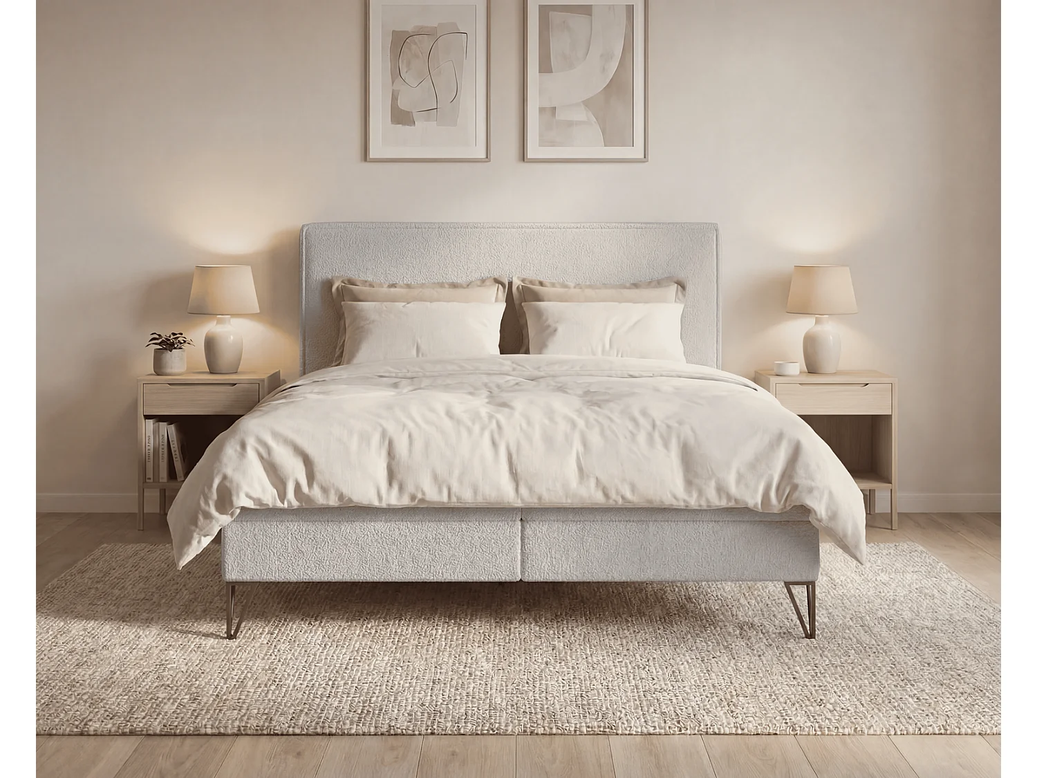 Lit continental bouclé 140x200 Sofia Box - matelas H3, coffre de rangement, surmatelas - Gris clair