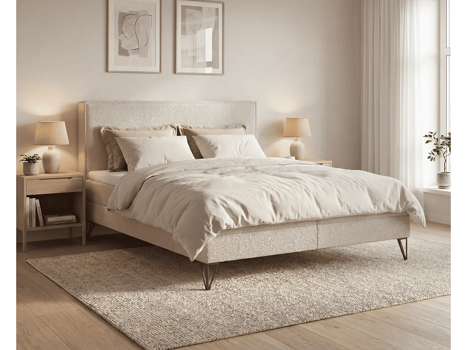 Lit continental bouclé 160x200 Sofia Box - matelas H3, coffre de rangement, surmatelas - Beige