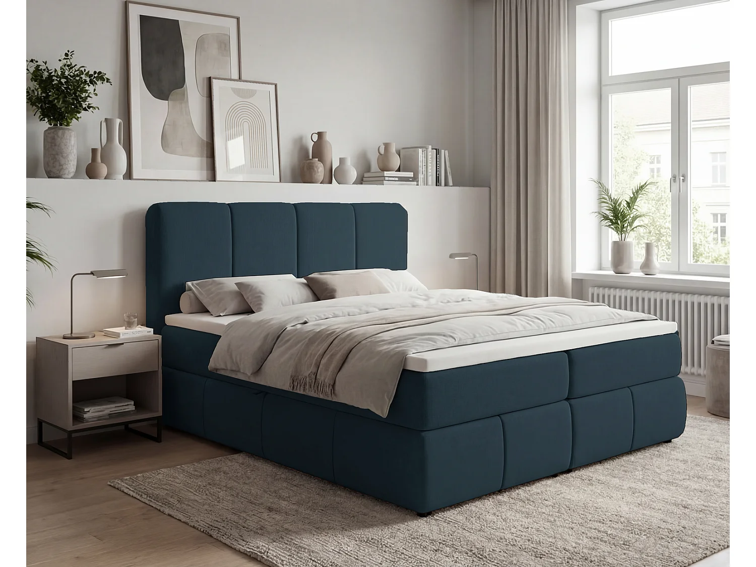 Lit boxspring 160x200 Sally avec rangement, matelas H3 et surmatelas - lit double, bleu