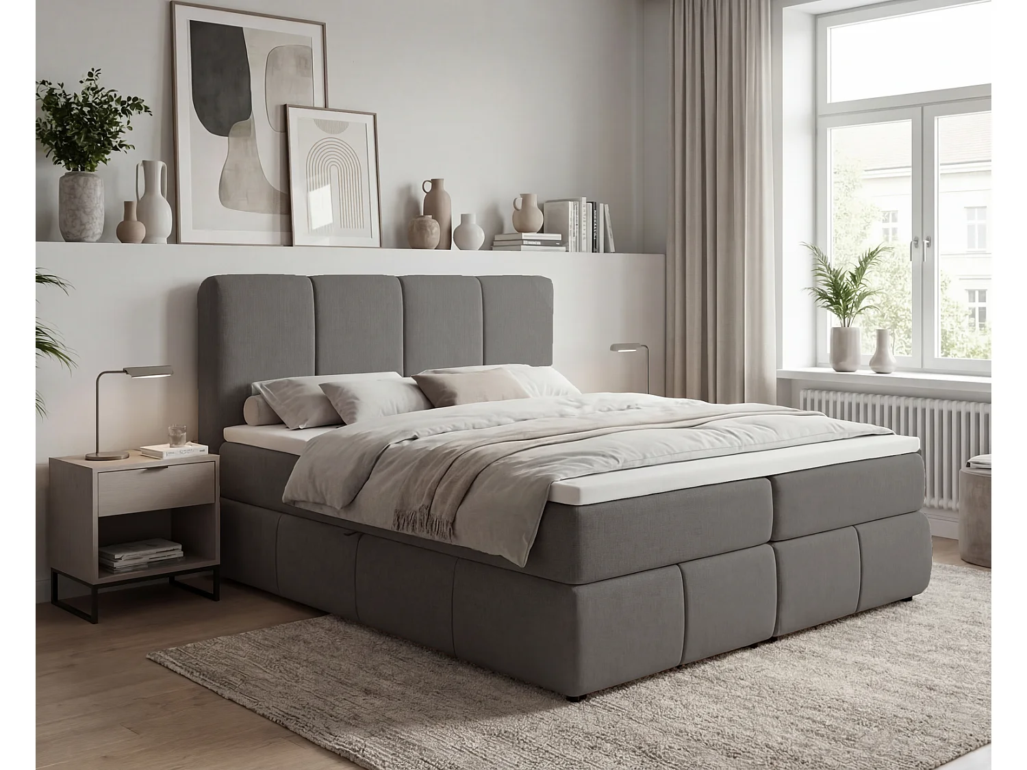 Lit boxspring 160x200 Sally avec rangement, matelas H3 et surmatelas - lit double, gris