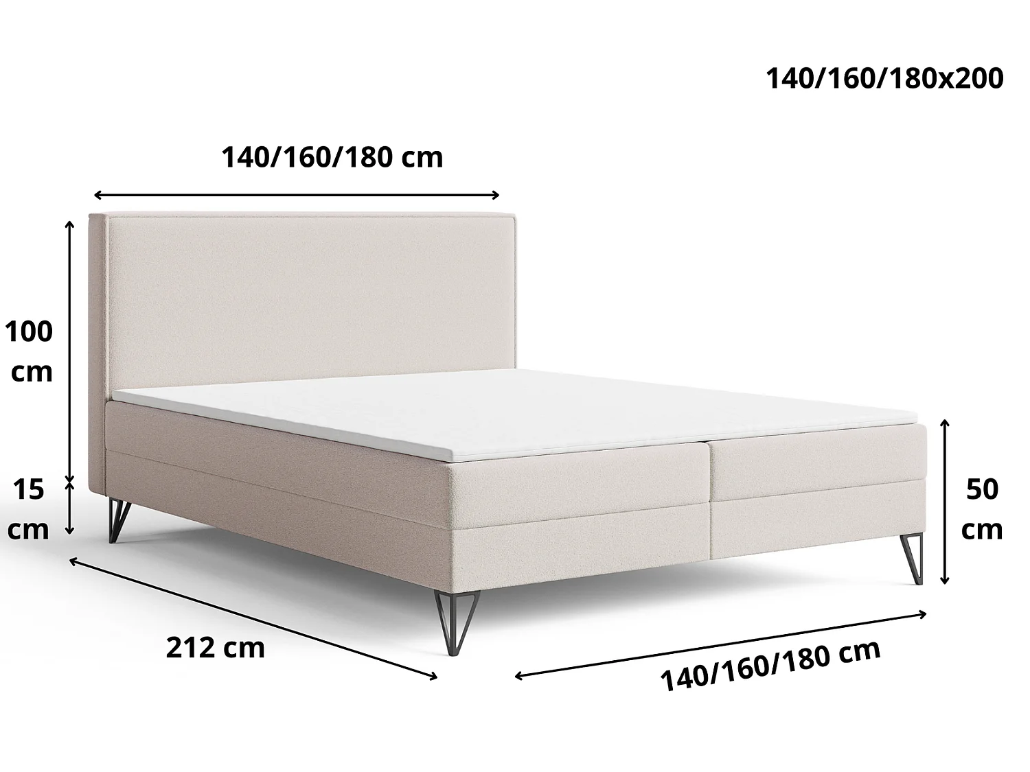 Lit continental bouclé 140x200 Sofia Box - matelas H3, coffre de rangement, surmatelas - Noir