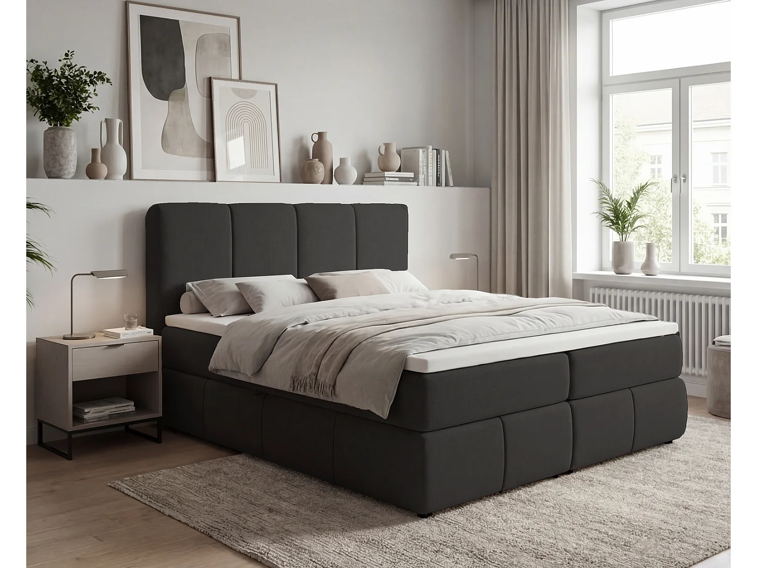 Lit boxspring 160x200 Sally avec rangement, matelas H3 et surmatelas - lit double, gris foncé
