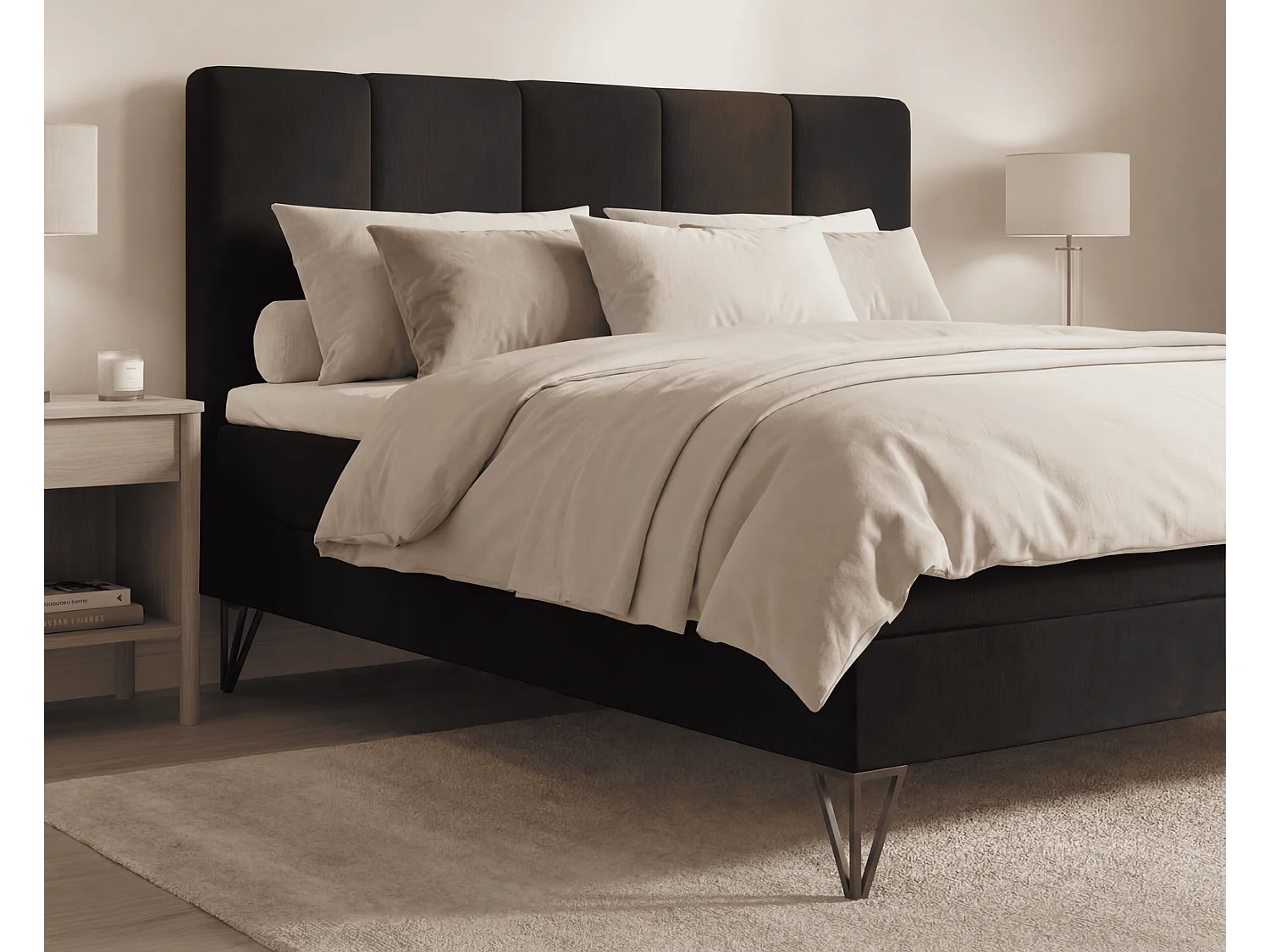Lit boxspring 160x200 Riviera avec matelas H3 et surmatelas - lit double sur pieds, noir