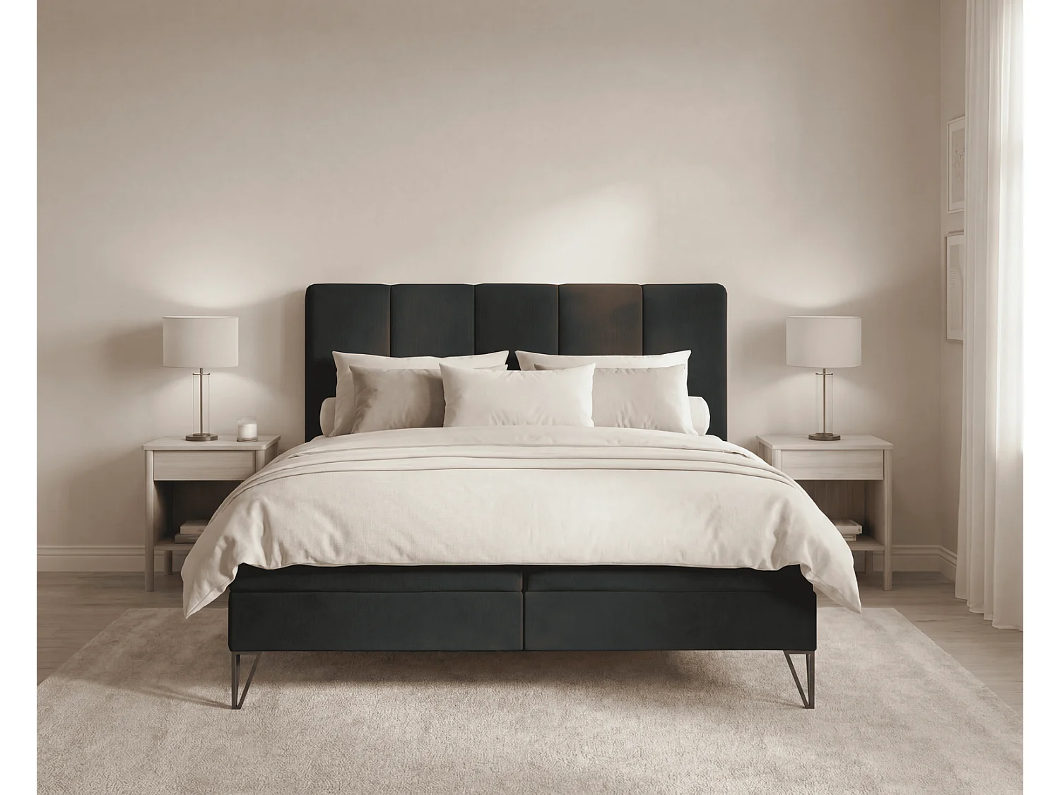 Lit boxspring 160x200 Riviera avec matelas H3 et surmatelas - lit double sur pieds, noir
