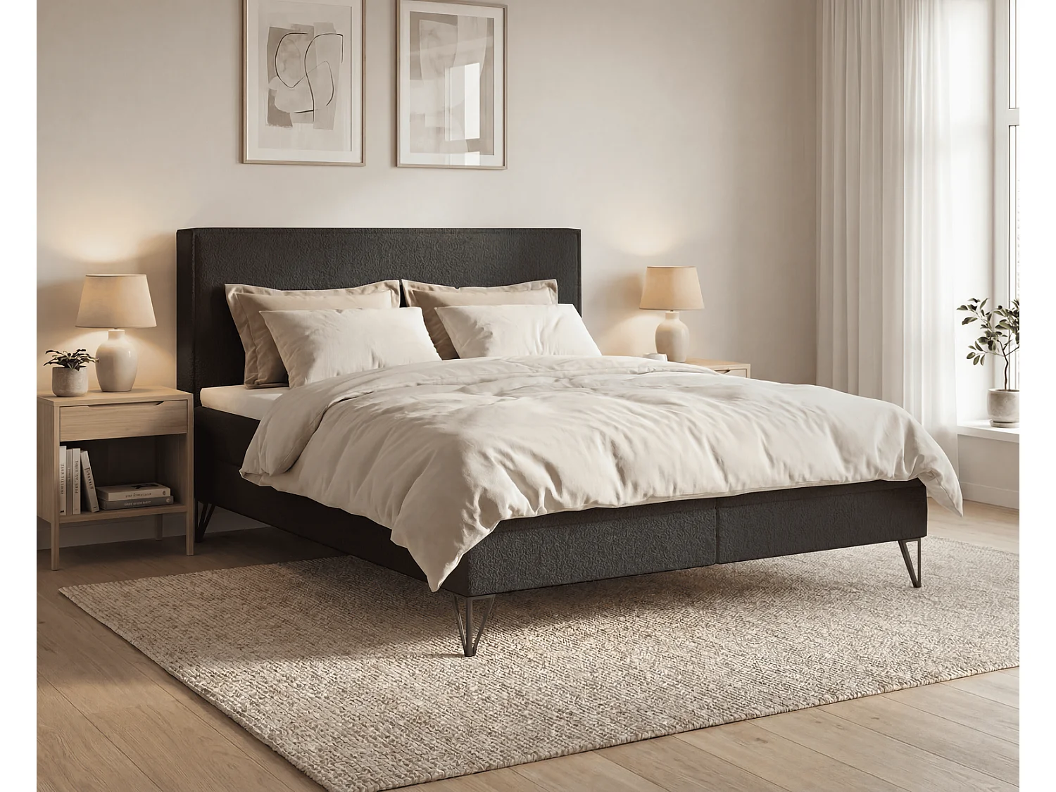 Lit continental bouclé 160x200 Sofia Box - matelas H3, coffre de rangement, surmatelas - Noir