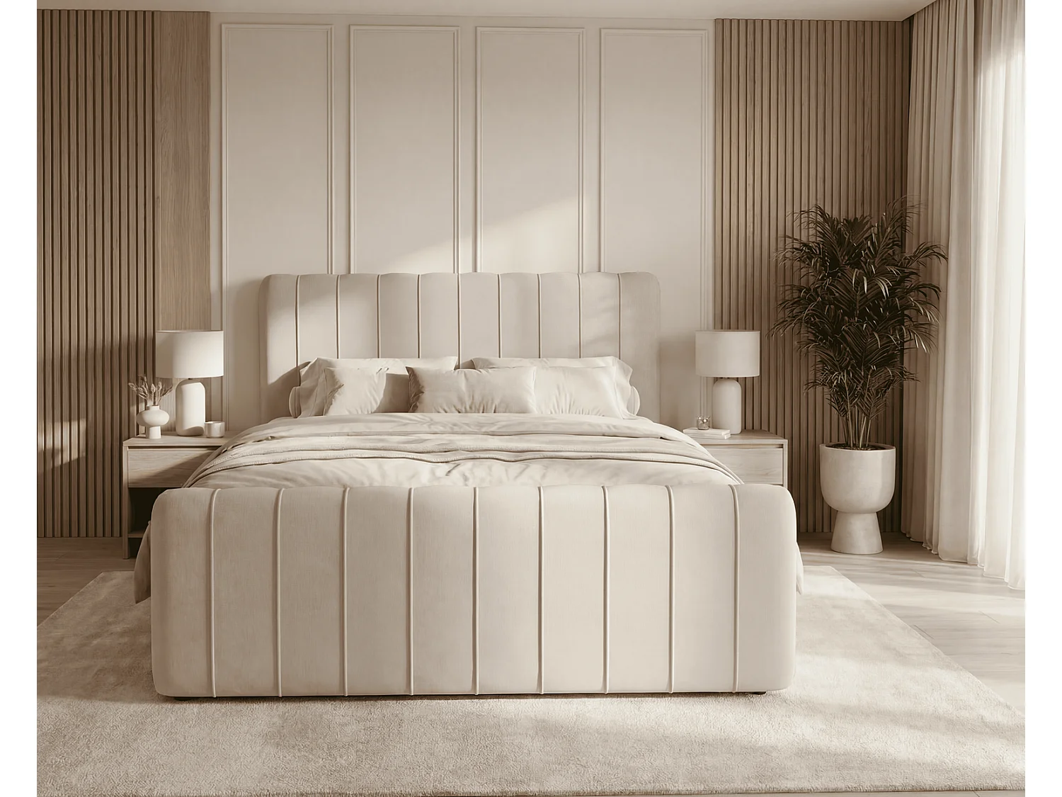 Lit double 160x200 Porto Bis avec matelas et coffre de rangement - lit continental moderne, Beige