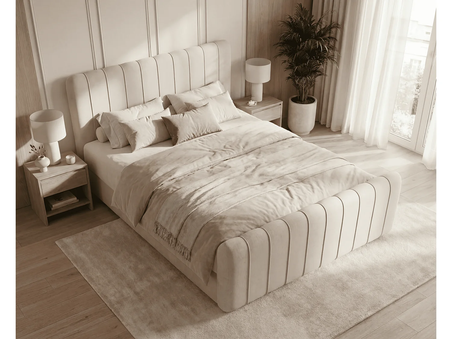 Lit double 160x200 Porto Bis avec matelas et coffre de rangement - lit continental moderne, Beige
