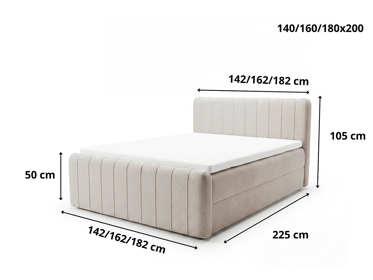 Lit double 160x200 Porto Bis avec matelas et coffre de rangement - lit continental moderne, Beige