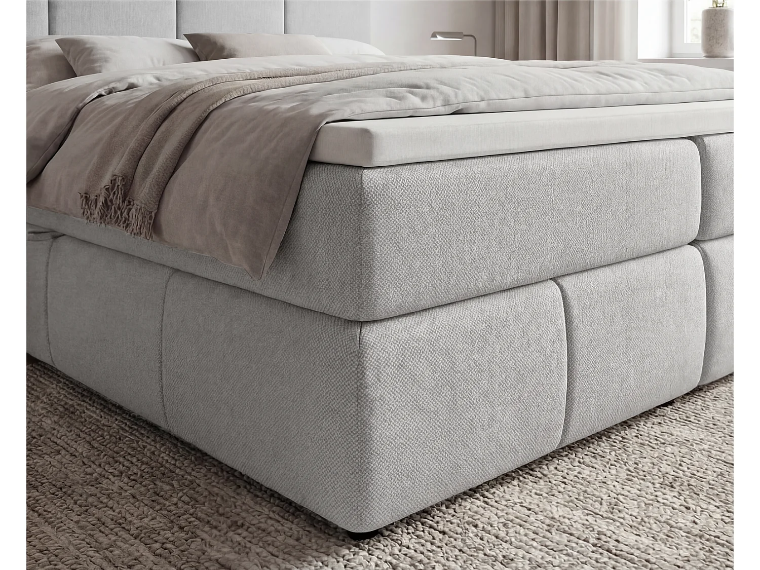Lit boxspring 160x200 Sally avec rangement, matelas H3 et surmatelas - lit double, gris clair