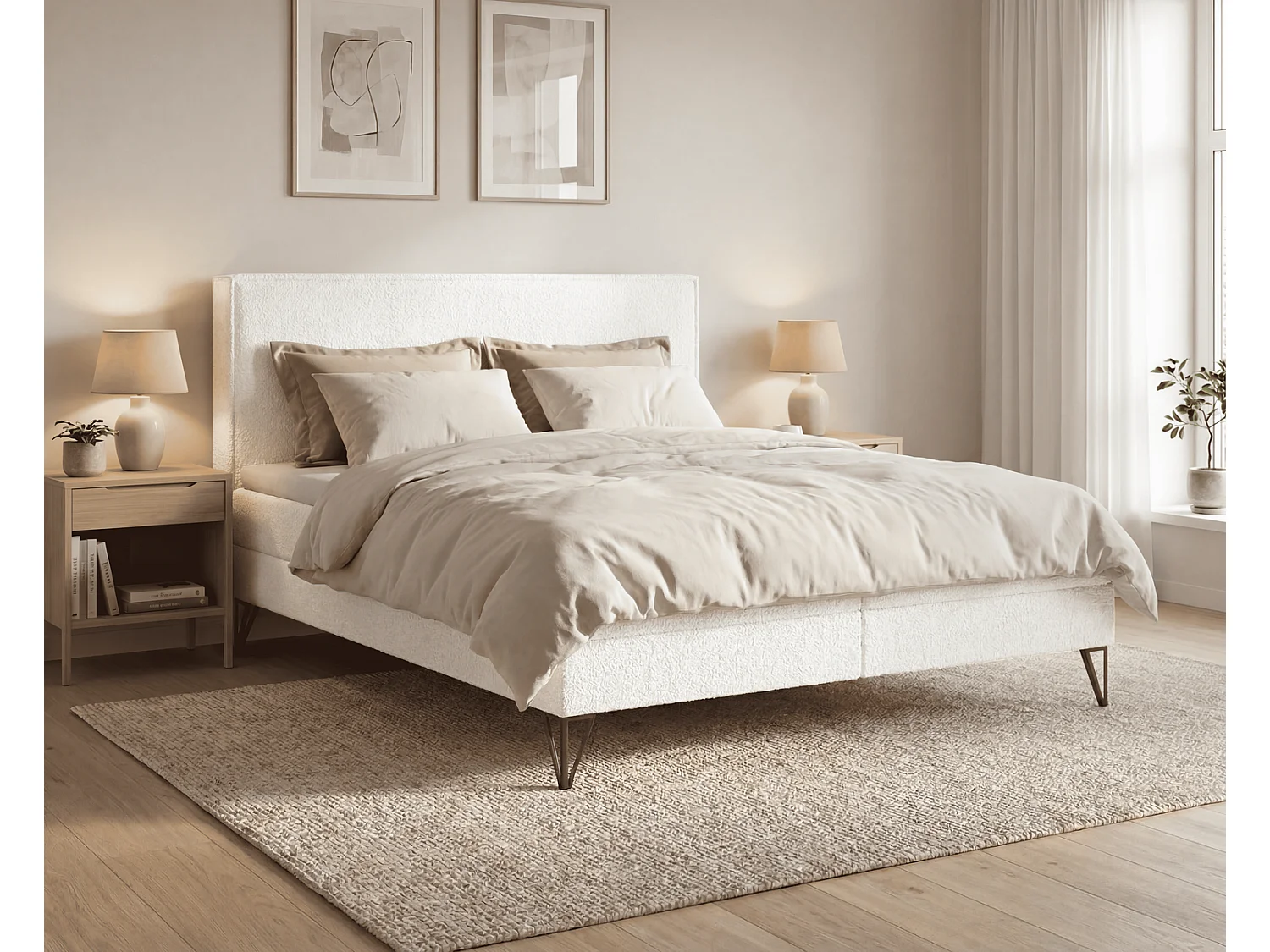 Lit continental bouclé 160x200 Sofia Box - matelas H3, coffre de rangement, surmatelas - Crème