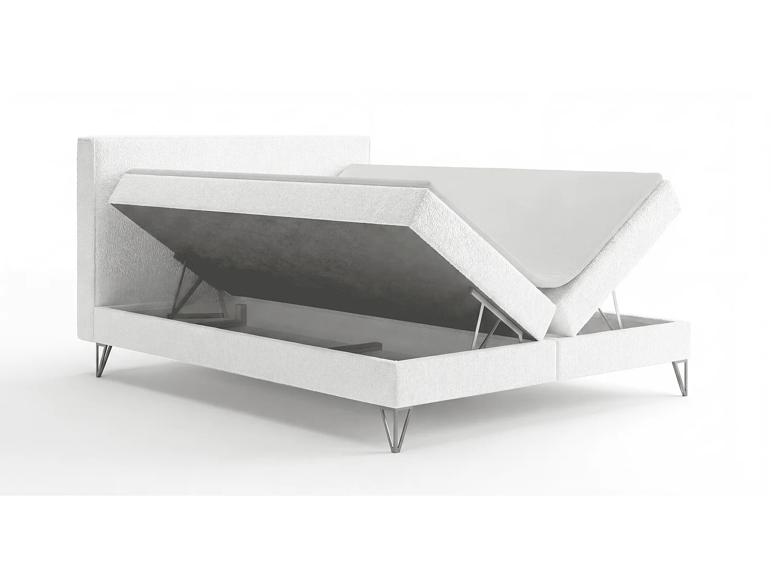 Lit continental bouclé 160x200 Sofia Box - matelas H3, coffre de rangement, surmatelas - Crème