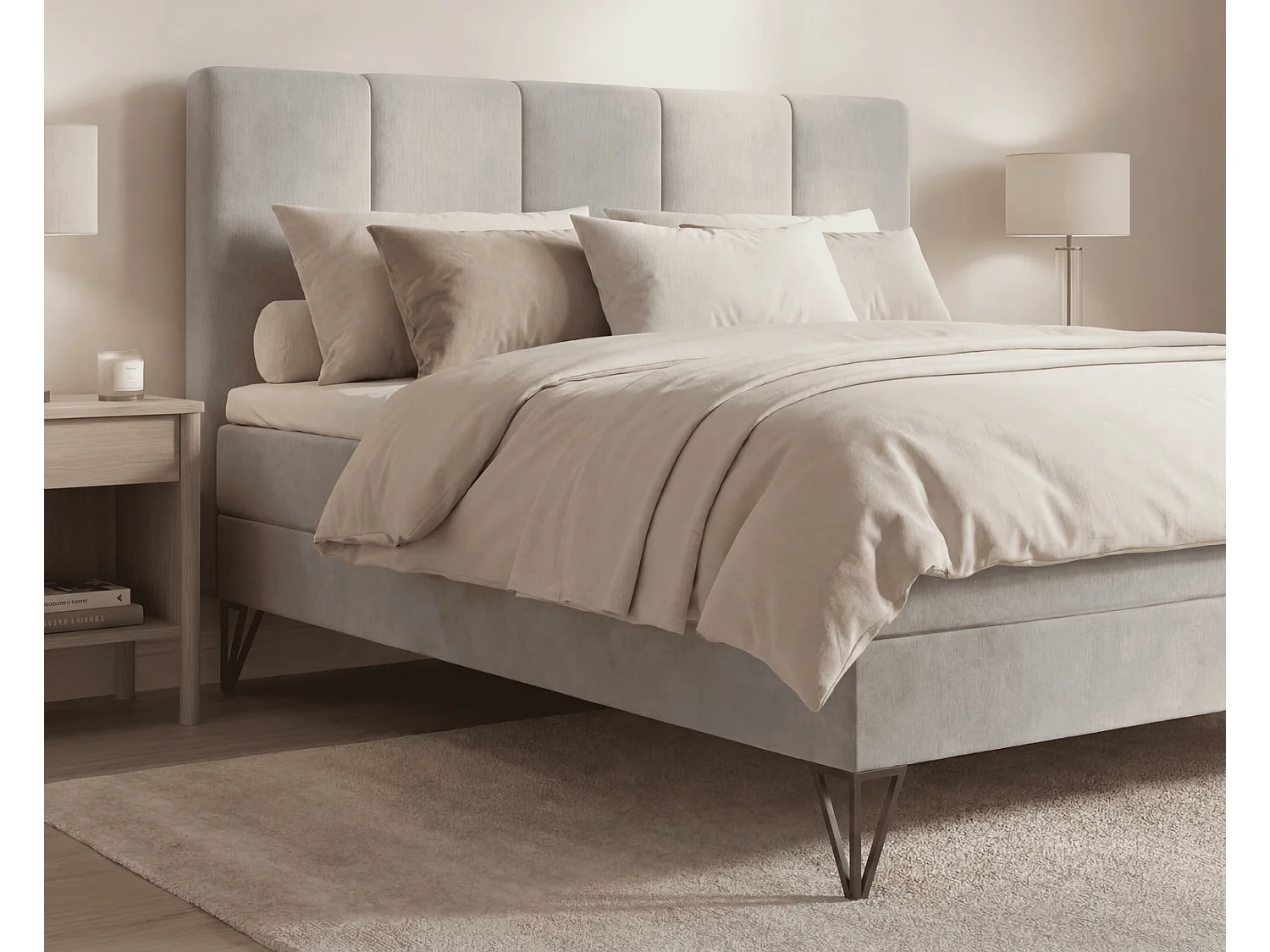 Lit boxspring 160x200 Riviera avec matelas H3 et surmatelas - lit double sur pieds, gris clair