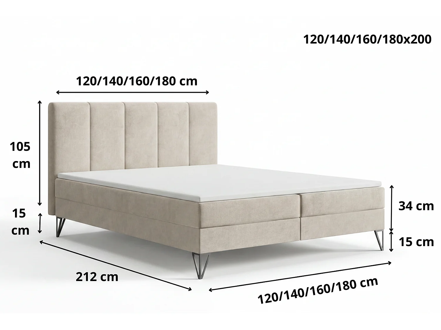 Lit boxspring 160x200 Riviera avec matelas H3 et surmatelas - lit double sur pieds, gris clair