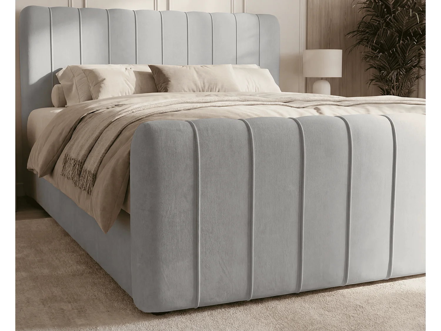 Lit double 160x200 Porto Bis avec matelas et coffre de rangement - lit continental moderne, Gris clair