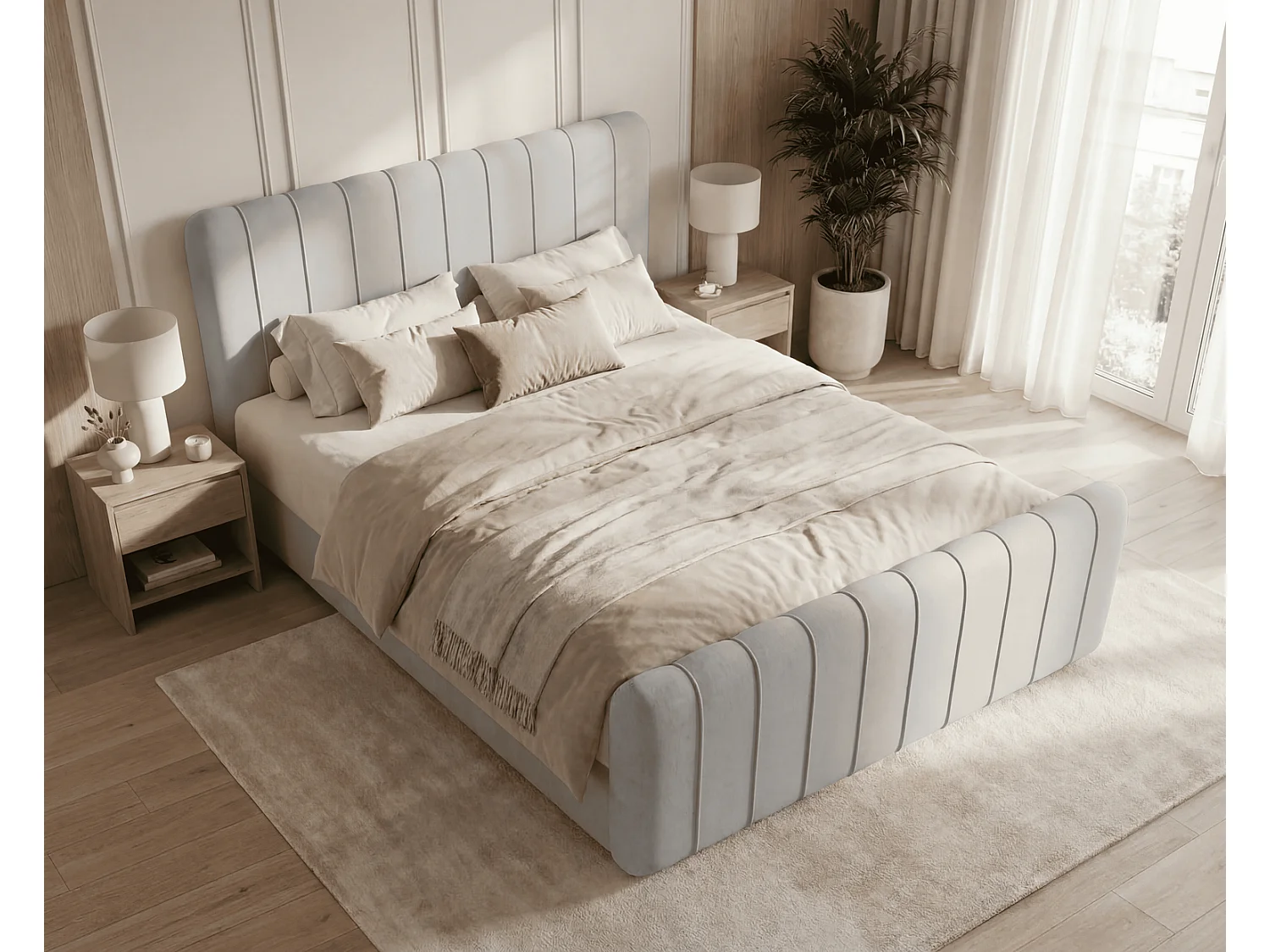 Lit double 160x200 Porto Bis avec matelas et coffre de rangement - lit continental moderne, Gris clair