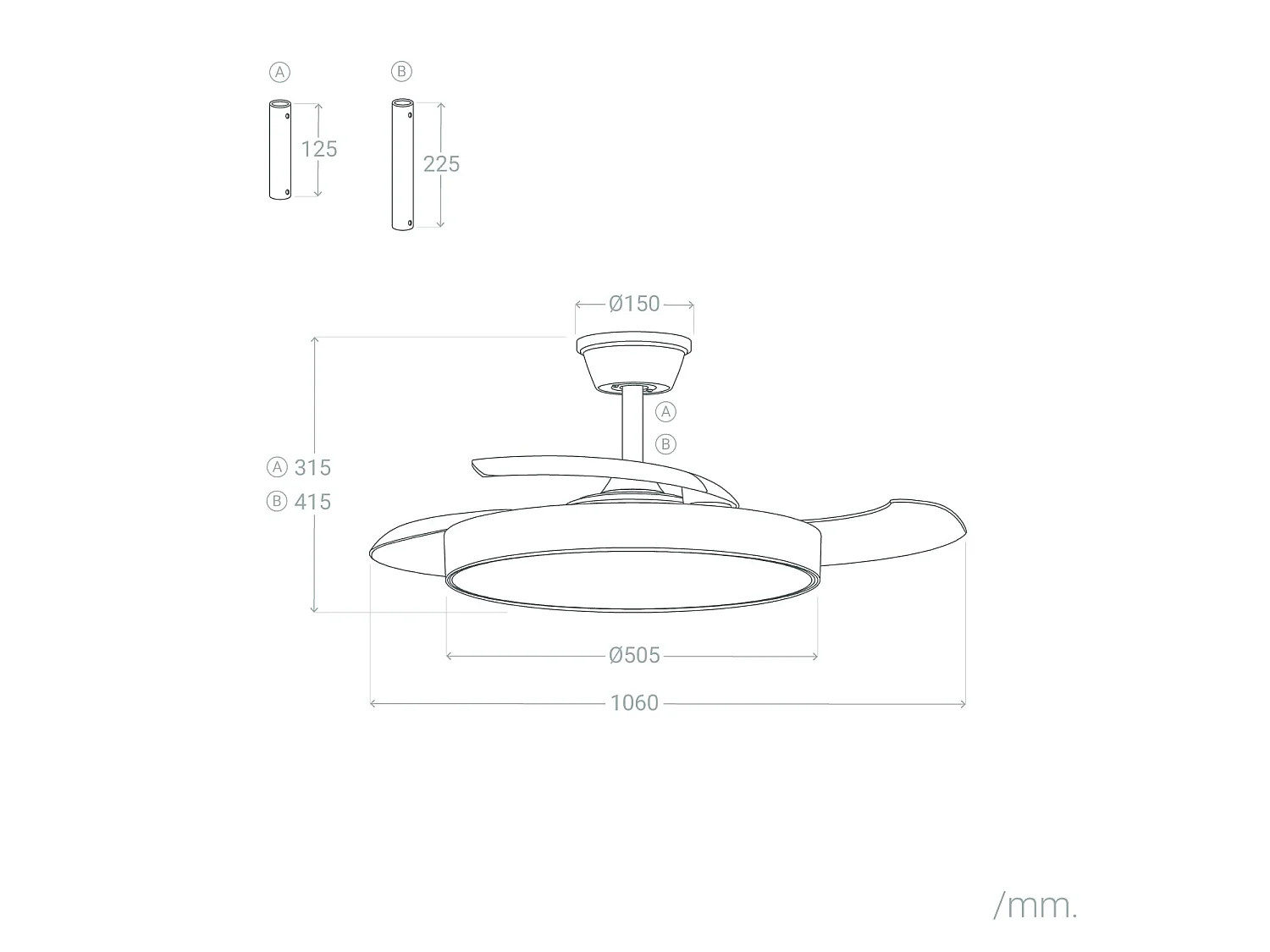 Ventilateur de Plafond avec Éclairage Silencieux DC Pales Rétractables Dari Transparent Télécommande Moyen (entre 10 et 20 m²) 105 cm Blanc