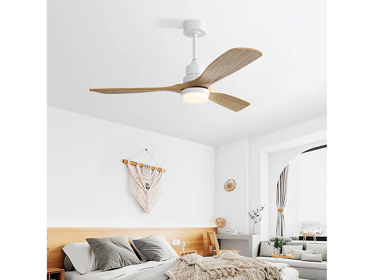 Ventilateur de plafond 132 cm avec éclairage LED, télécommande, moteur réversible, bois métal blanc