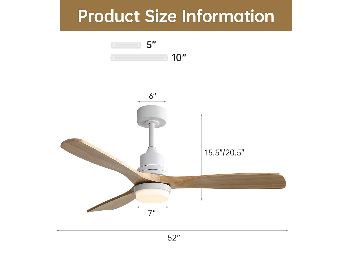 Ventilateur de plafond 132 cm avec éclairage LED, télécommande, moteur réversible, bois métal blanc