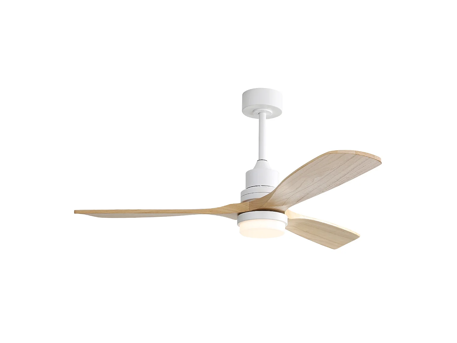 Ventilateur de plafond 132 cm avec éclairage LED, télécommande, moteur réversible, bois métal blanc