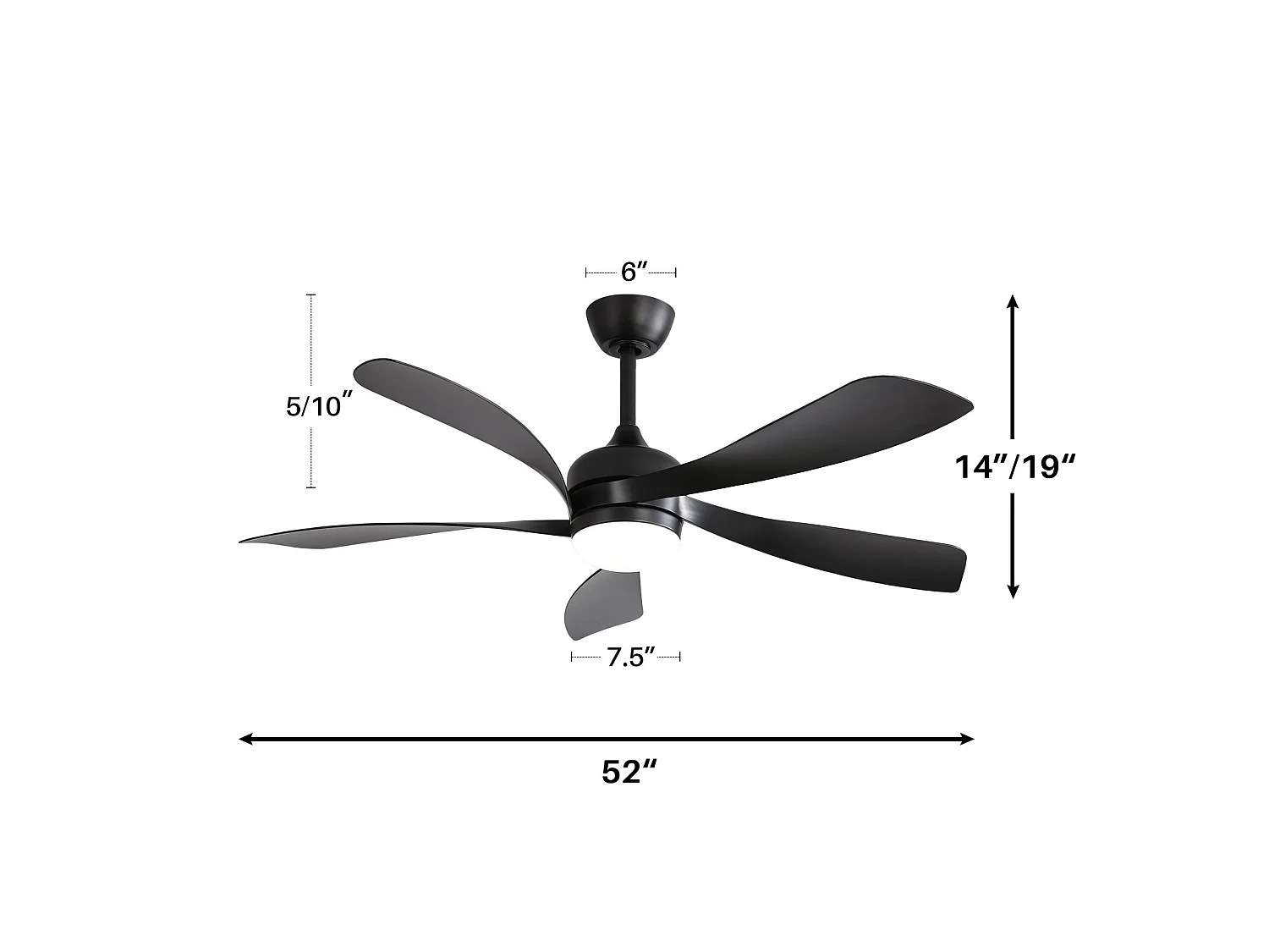 Ventilateur de plafond 132.1 cm avec éclairage LED, télécommande, fonction mémoire, noir ABS