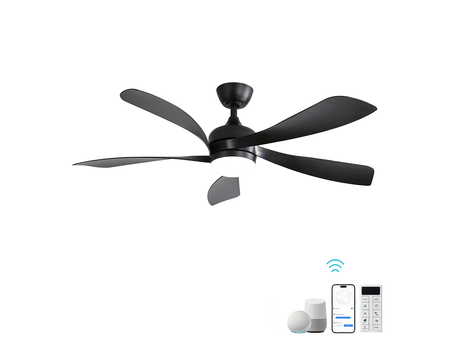 Ventilateur de plafond 132.1 cm avec éclairage LED, télécommande, fonction mémoire, noir ABS