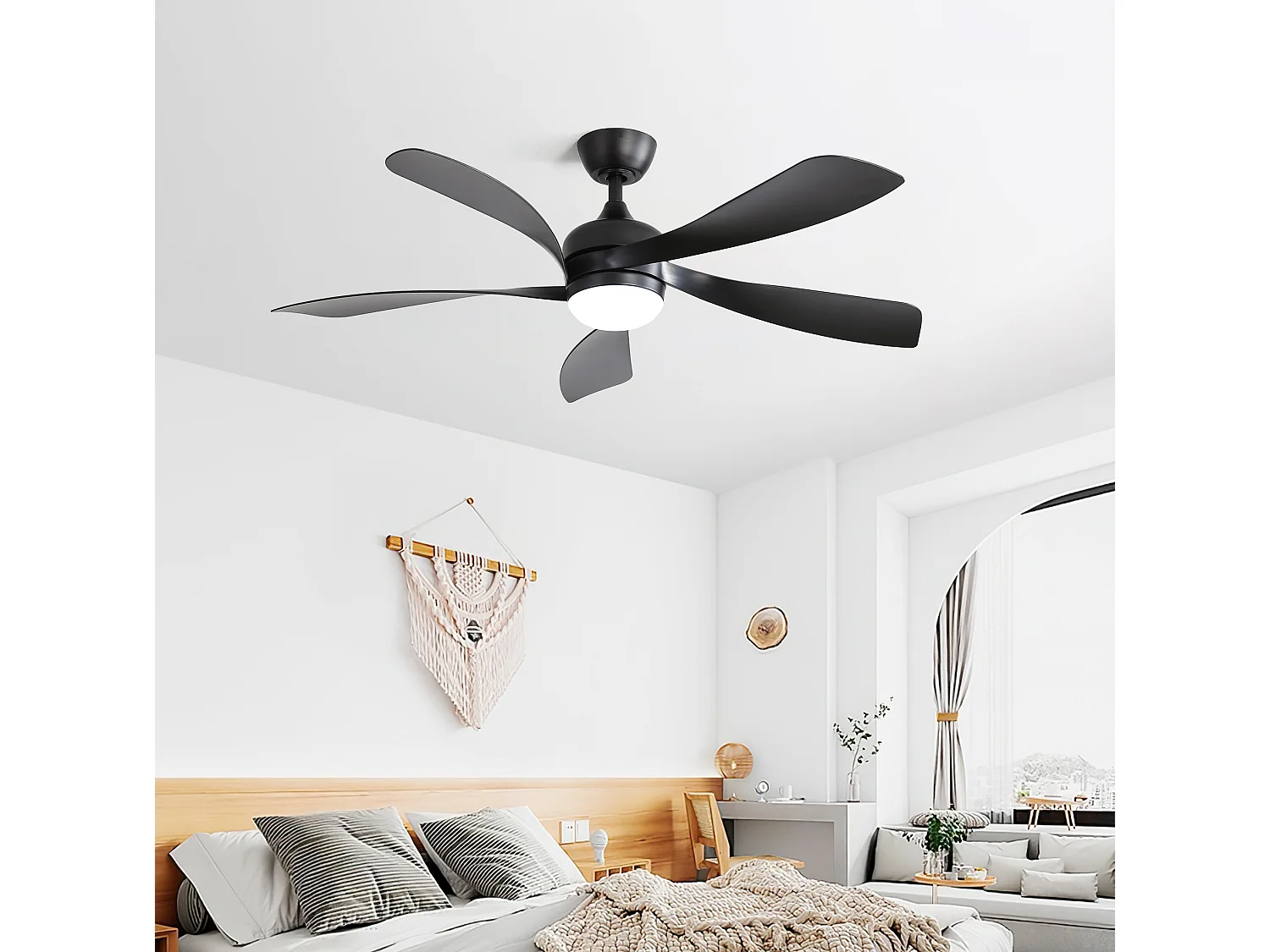 Ventilateur de plafond 132.1 cm avec éclairage LED, télécommande, fonction mémoire, noir ABS