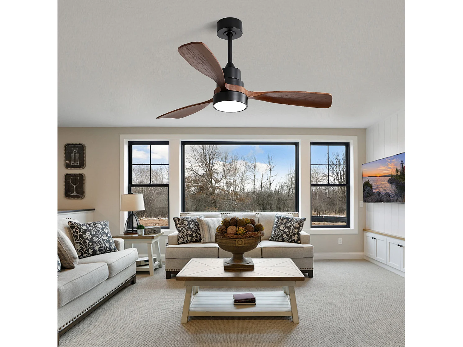 Ventilateur de plafond 121.9 cm avec éclairage LED, télécommande et moteur réversible Métal et bois noir