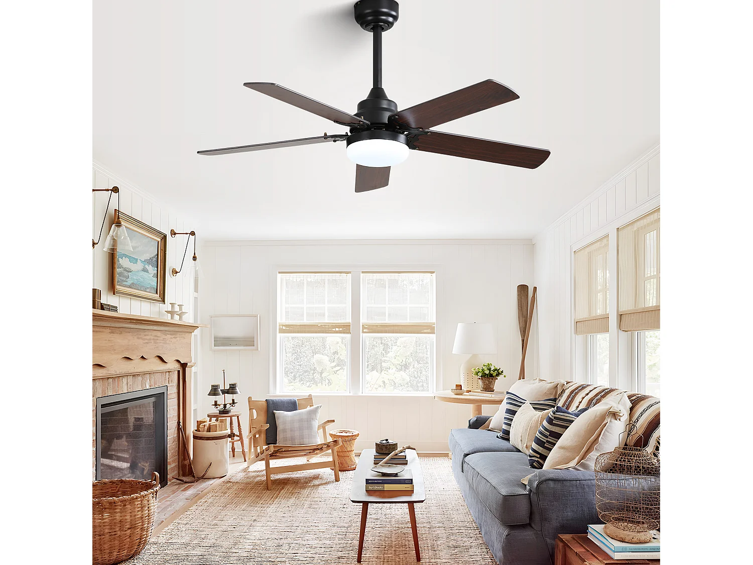 Ventilateur de plafond 106 cm avec éclairage LED, télécommande, moteur DC réversible Noir MDF